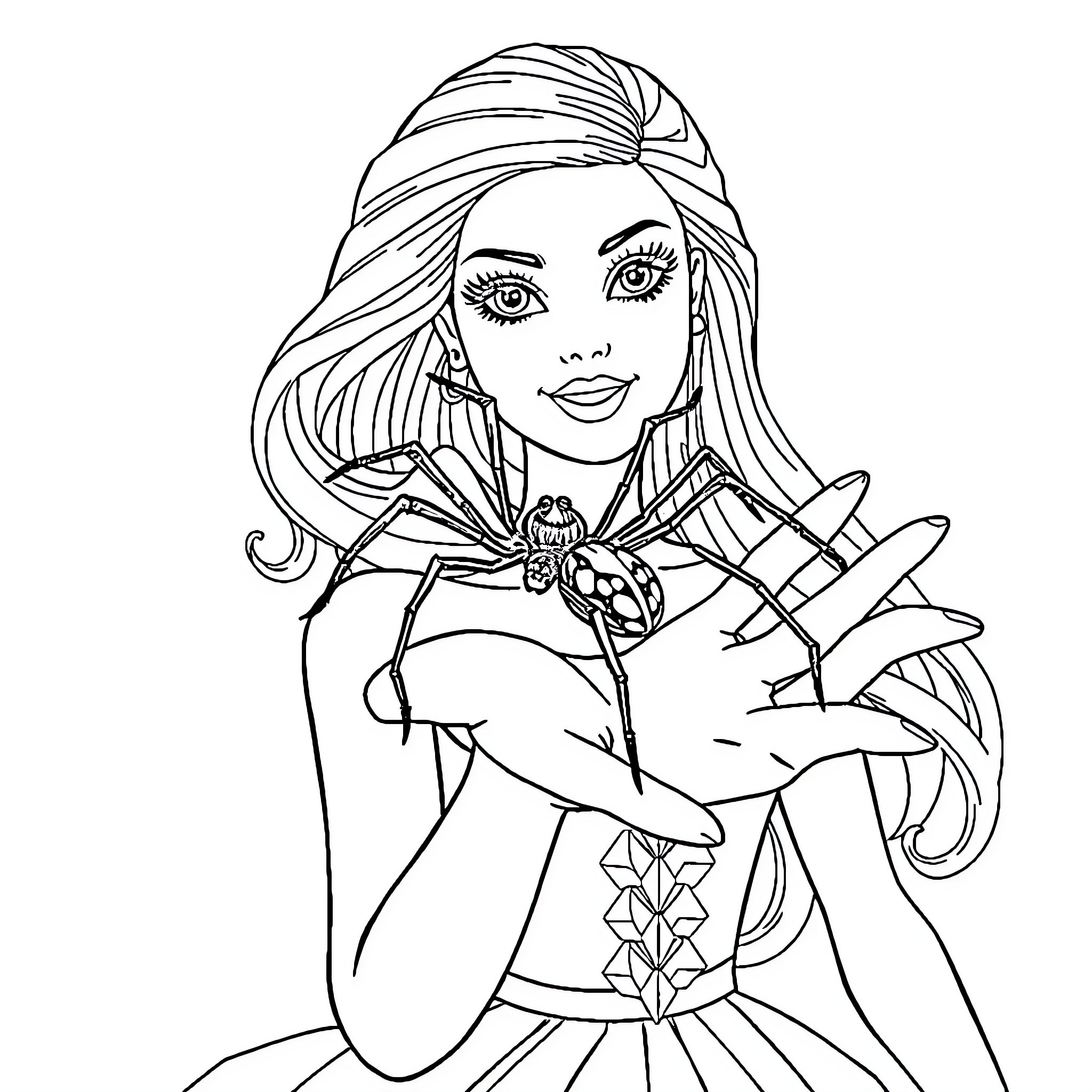 Barbie in a detailed fantasy outfit Coloring Page (free black-and-white line drawing printable PDF for all, from beginners to advanced learners, including children, teens, adults, and seniors)