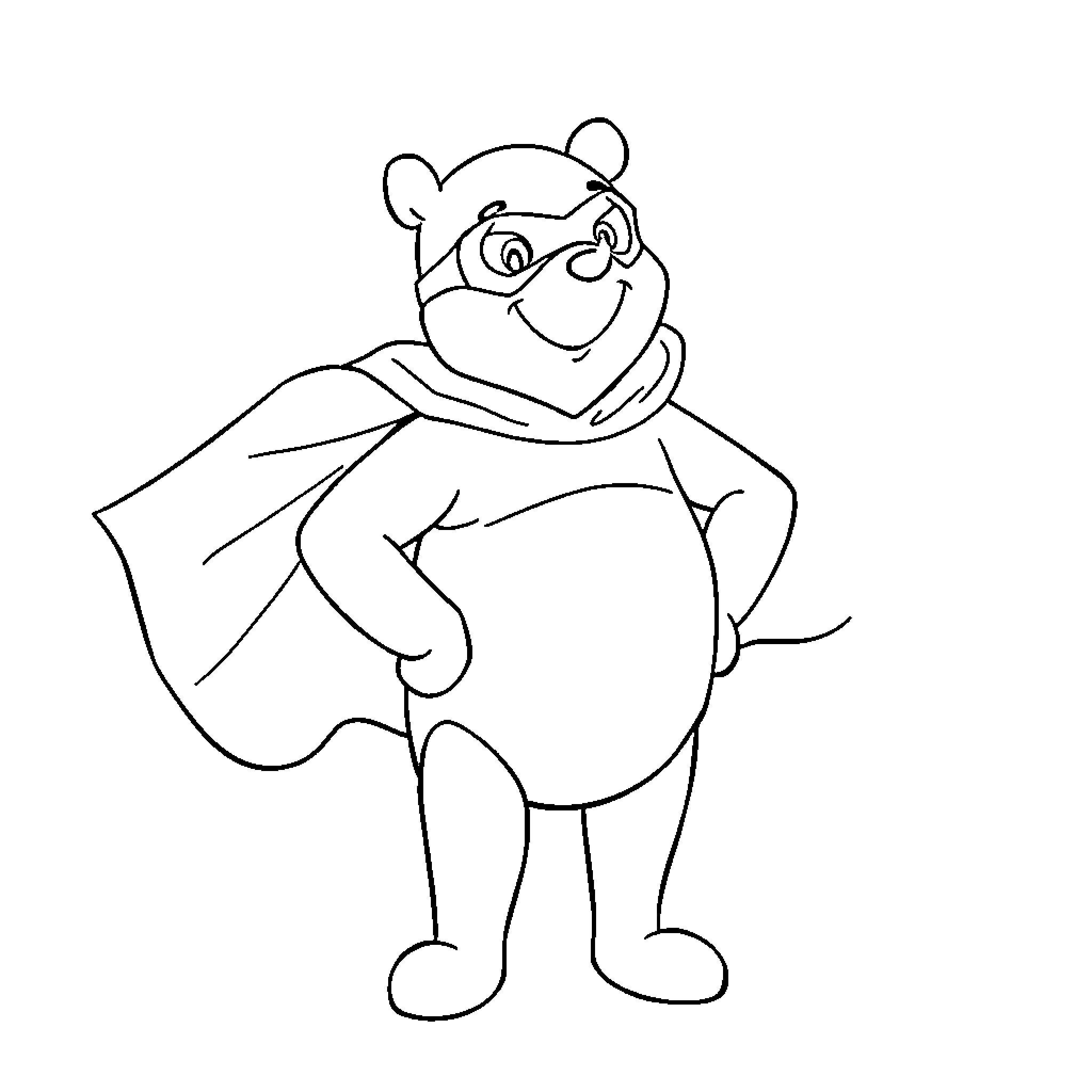 Winnie The Pooh dressed as a superhero Coloring Page (free black-and-white line drawing printable PDF for all, from beginners to advanced learners, including children, teens, adults, and seniors)