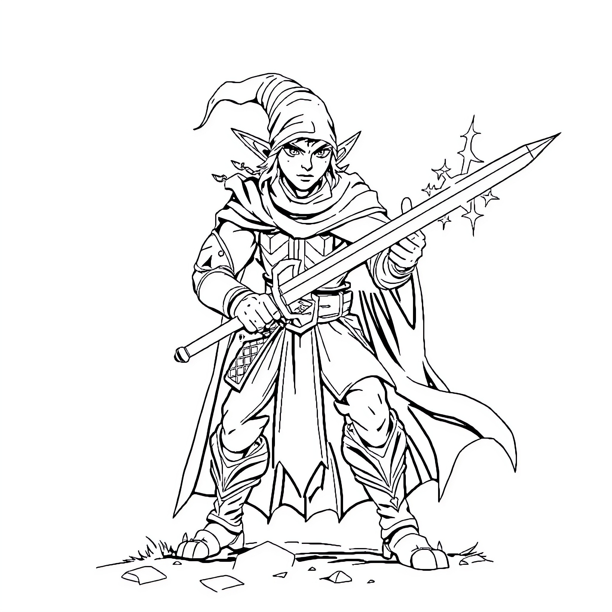 Elf Warrior Wielding Magical Sword Coloring Page (free black-and-white line drawing printable PDF for all, from beginners to advanced learners, including children, teens, adults, and seniors)