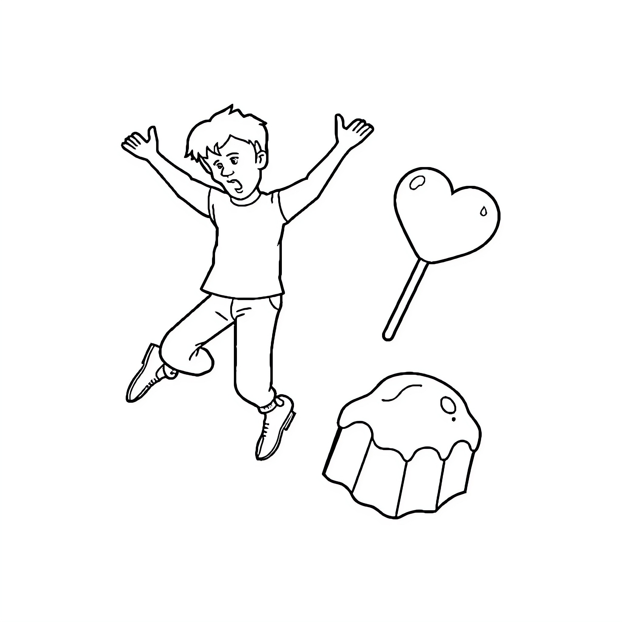 Joyful young boy jumping with excitement Coloring Page (free black-and-white line drawing printable PDF for all, from beginners to advanced learners, including children, teens, adults, and seniors)