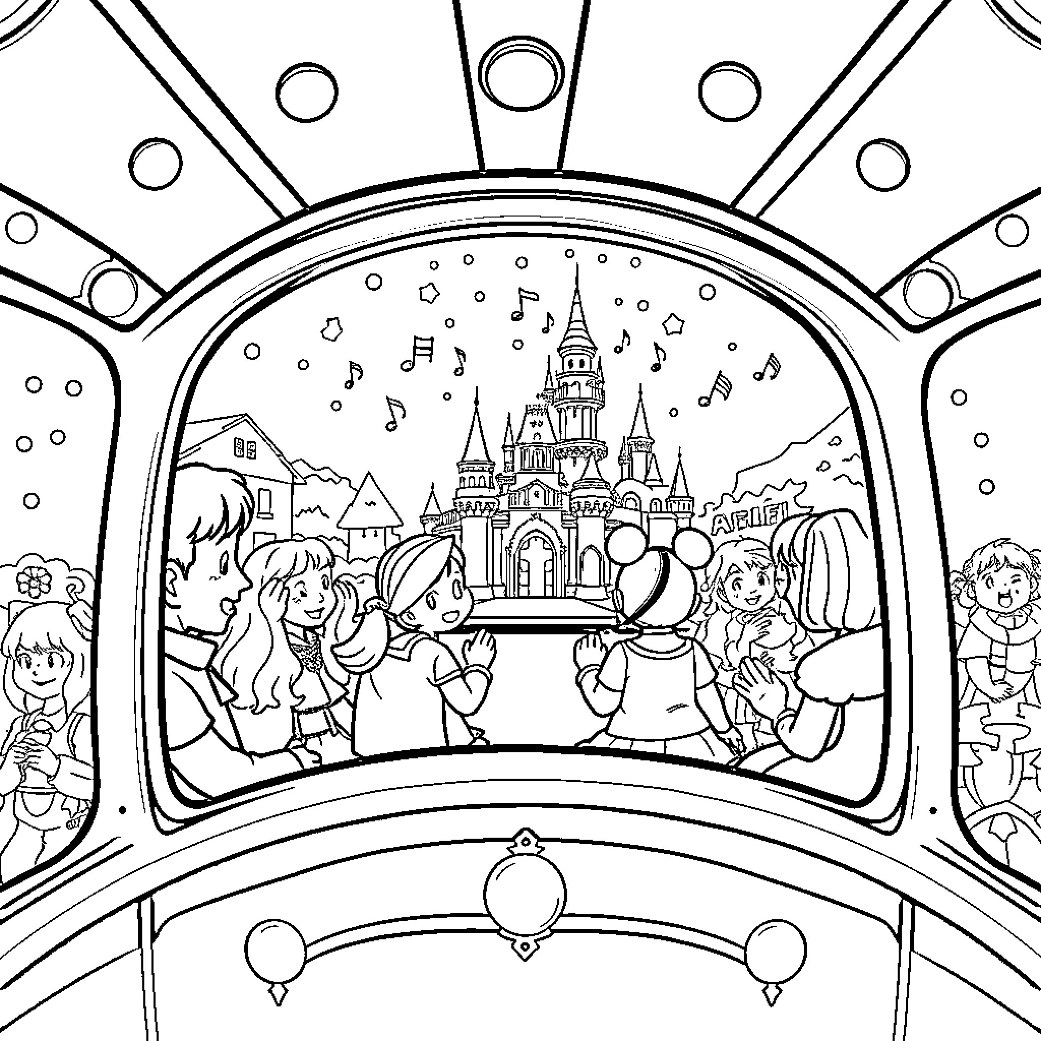 It's a Small World of Joyful Children in a Fantasy Land Coloring Page (free black-and-white line drawing printable PDF for all, from beginners to advanced learners, including children, teens, adults, and seniors)