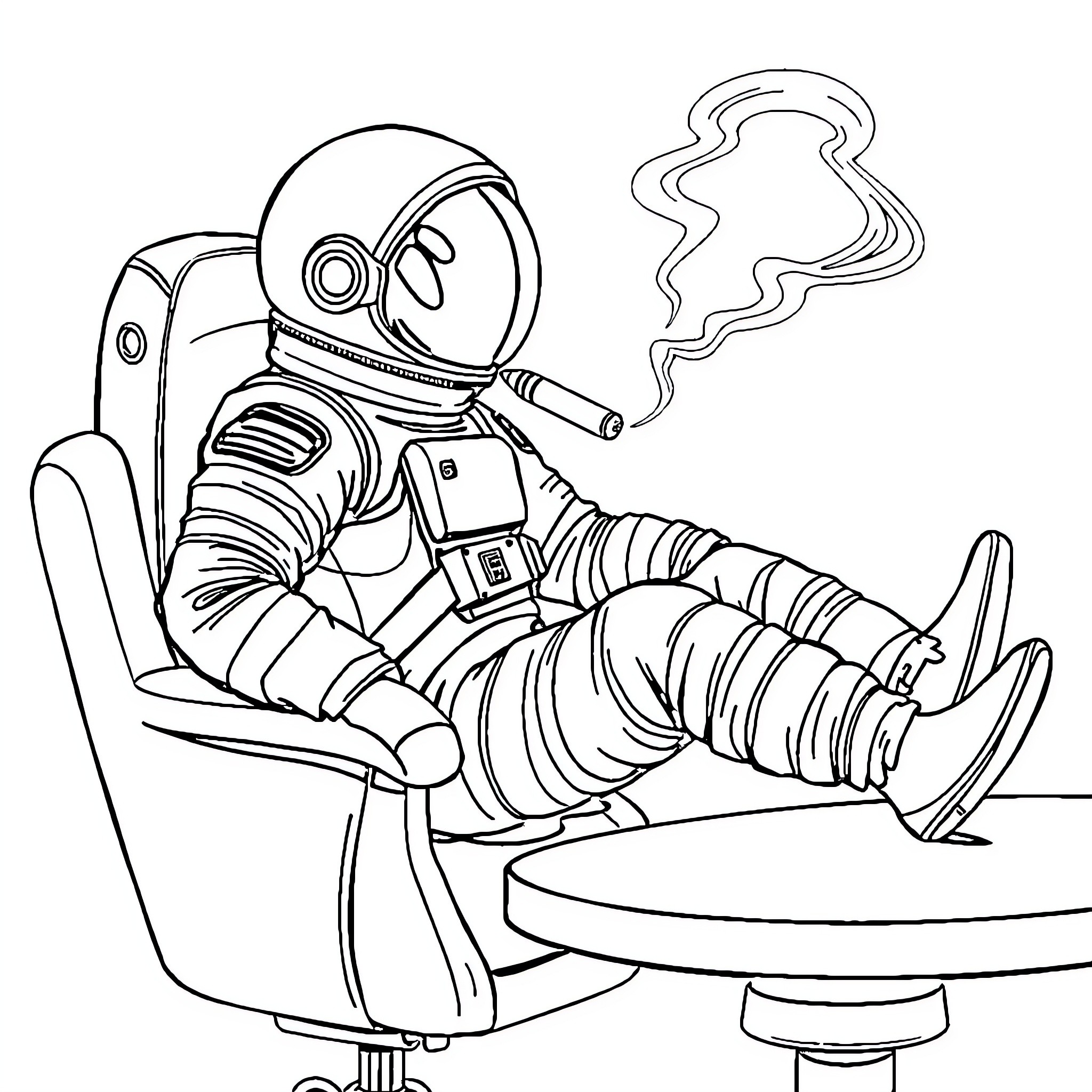 Astronaut relaxing in a futuristic chair Coloring Page (free black-and-white line drawing printable PDF for all, from beginners to advanced learners, including children, teens, adults, and seniors)