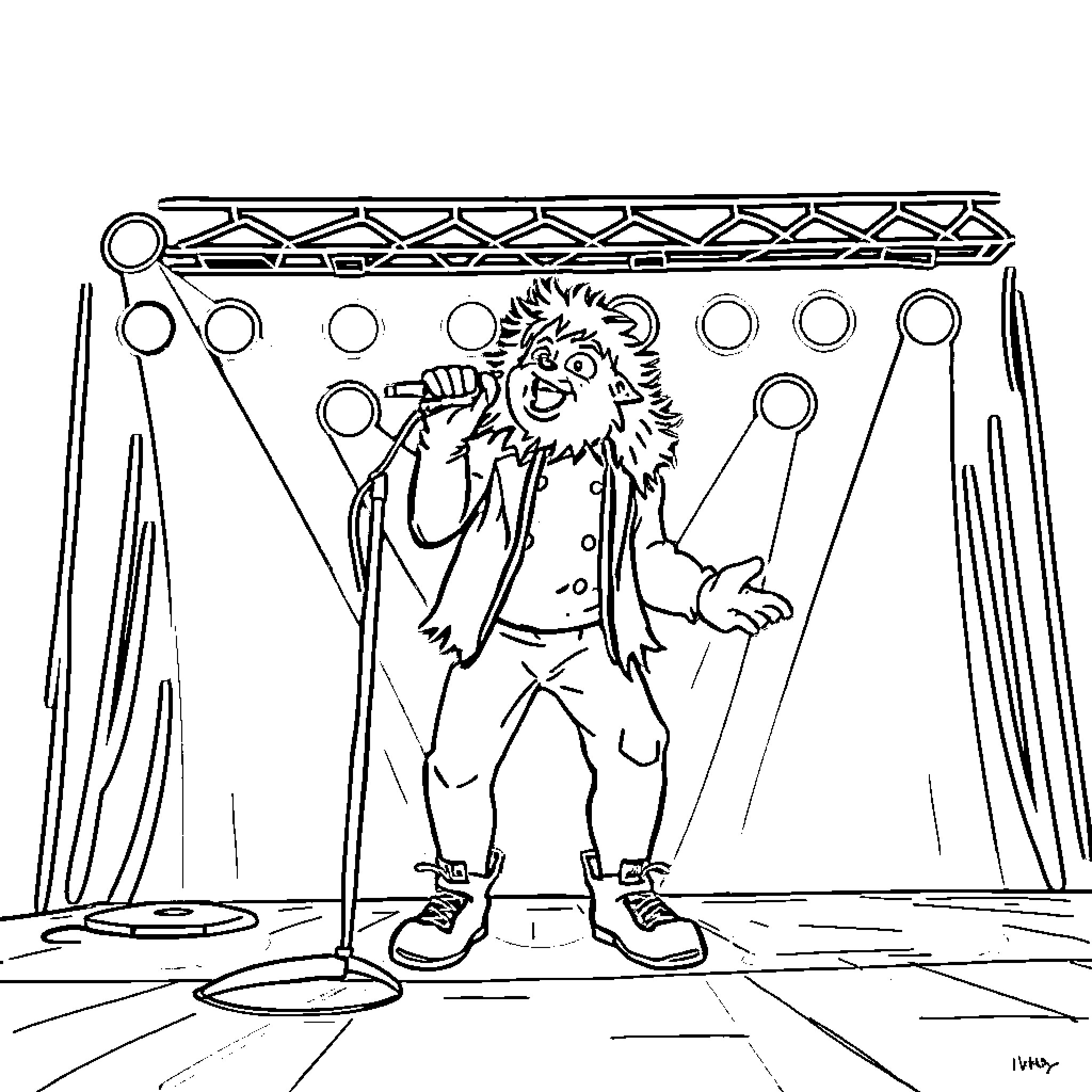 Huntrix Performs on the Stage Coloring Page (free black-and-white line drawing printable PDF for all, from beginners to advanced learners, including children, teens, adults, and seniors)