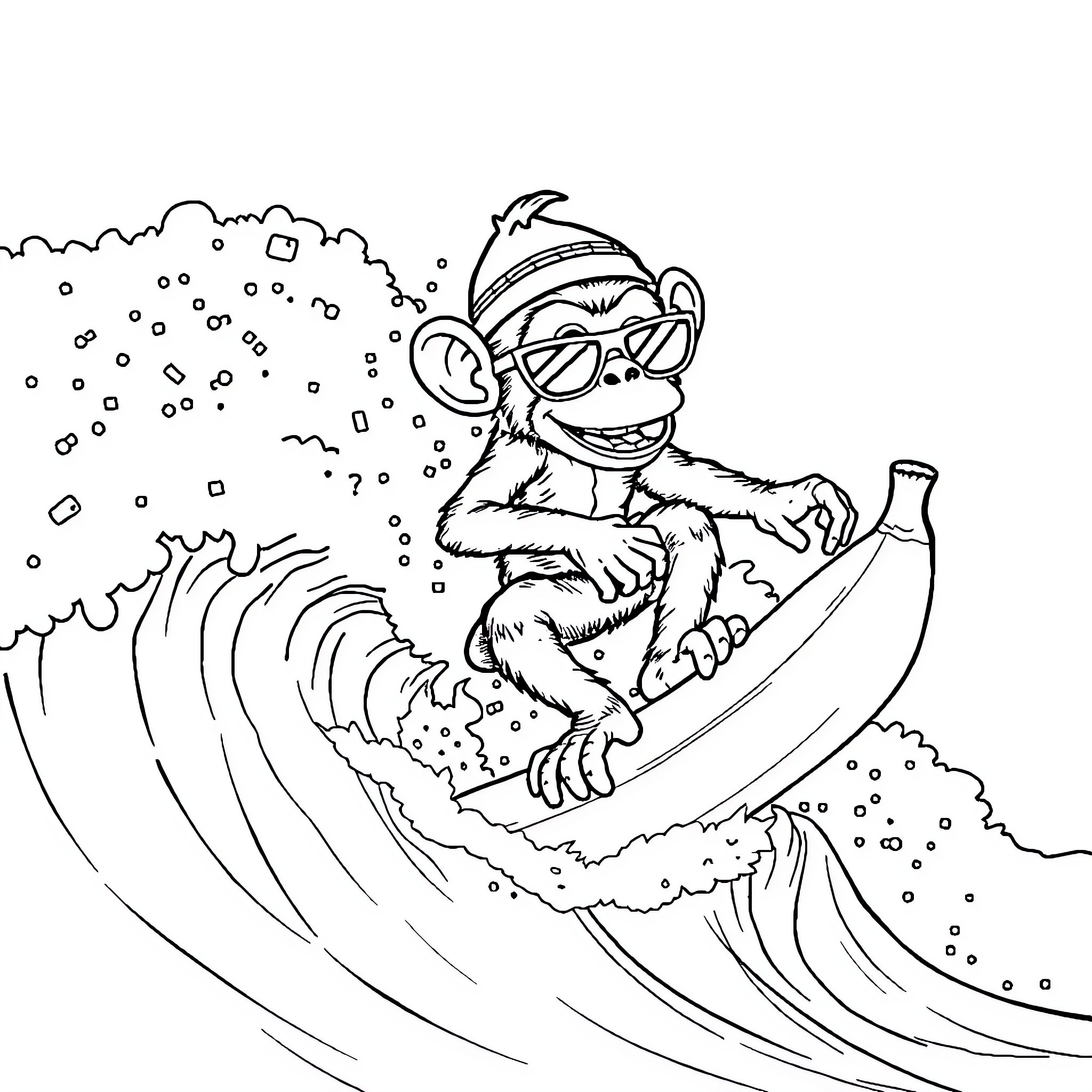 Monkey surfing a giant wave Coloring Page (free black-and-white line drawing printable PDF for all, from beginners to advanced learners, including children, teens, adults, and seniors)