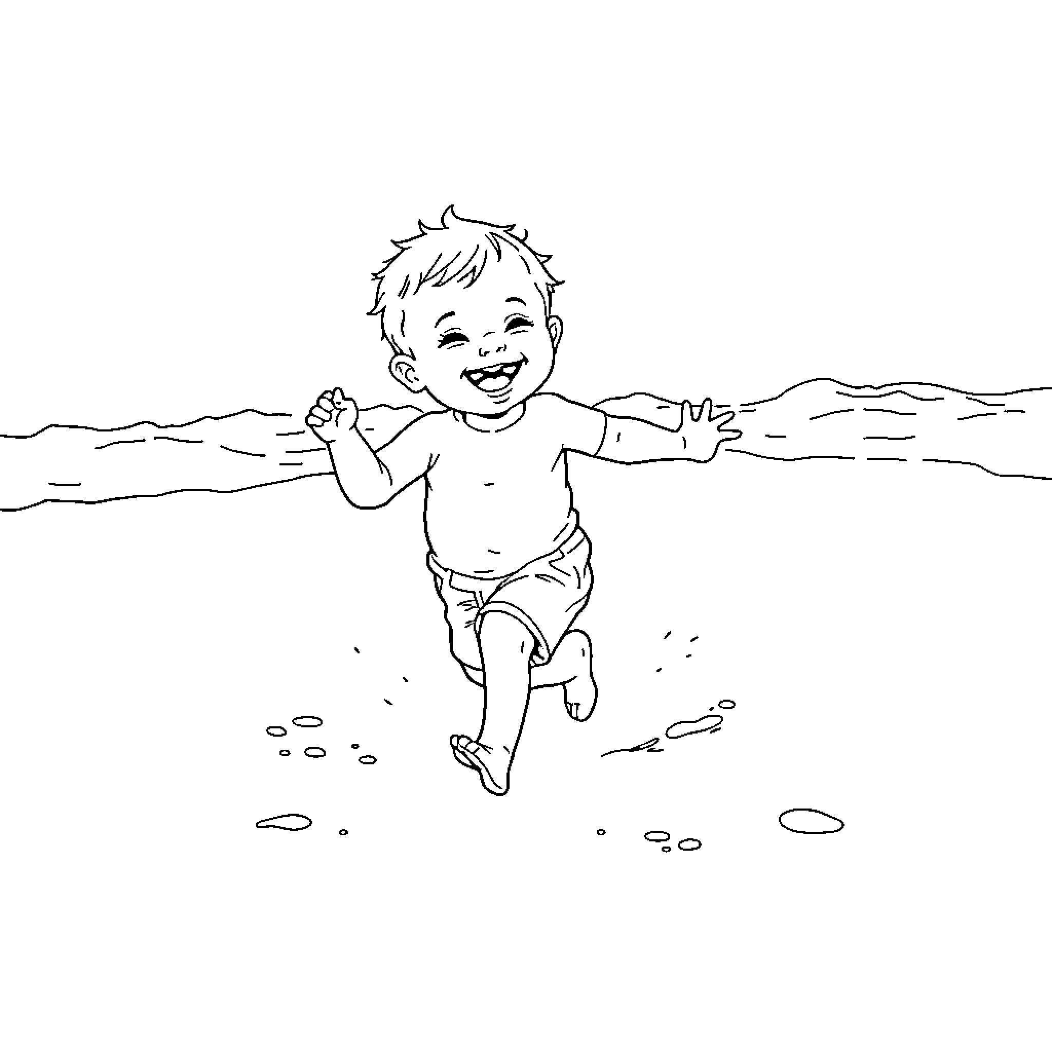 Baby Joyfully Playing in the Water Coloring Page (free black-and-white line drawing printable PDF for all, from beginners to advanced learners, including children, teens, adults, and seniors)