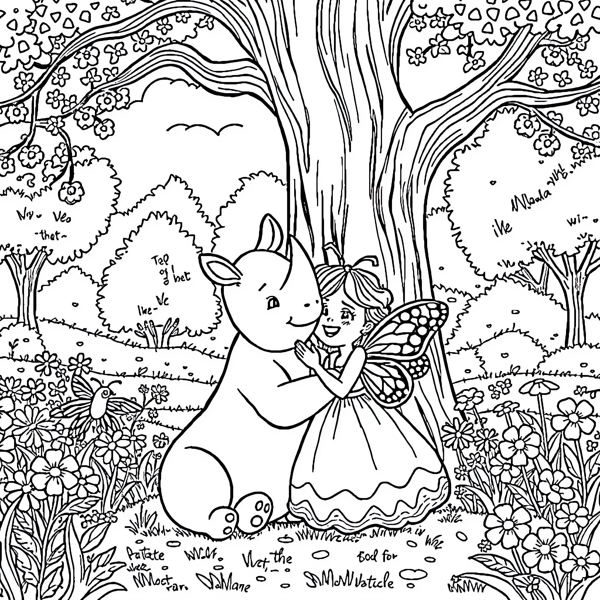 Butterfly friends embrace in magical forest Coloring Page (free black-and-white line drawing printable PDF for all, from beginners to advanced learners, including children, teens, adults, and seniors)
