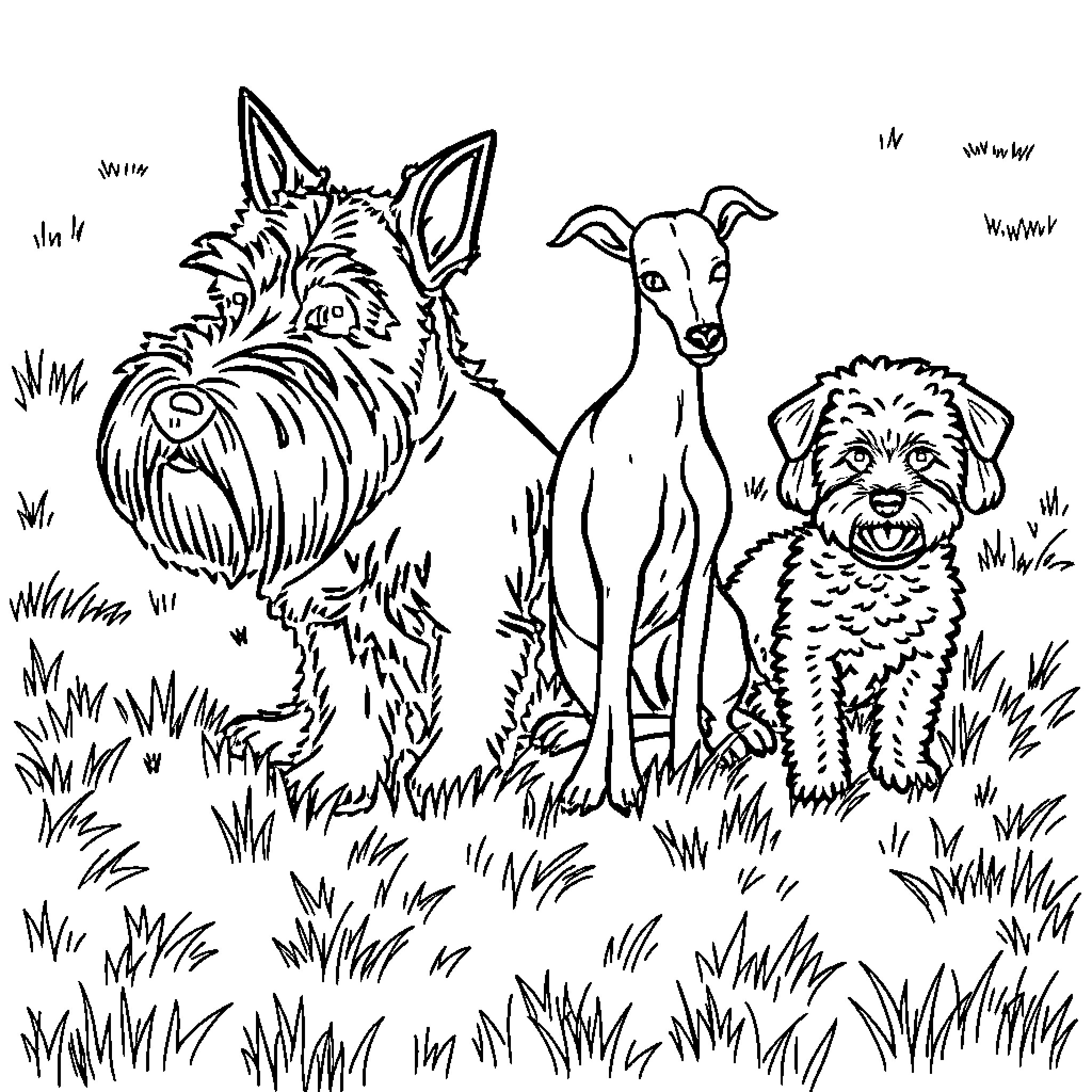 Dog friends exploring the outdoors together Coloring Page (free black-and-white line drawing printable PDF for all, from beginners to advanced learners, including children, teens, adults, and seniors)