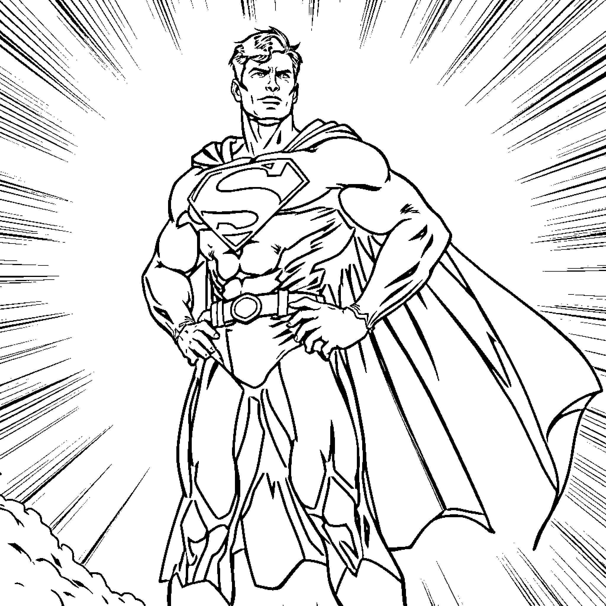 Superman heroically taking action Coloring Page (free black-and-white line drawing printable PDF for all, from beginners to advanced learners, including children, teens, adults, and seniors)