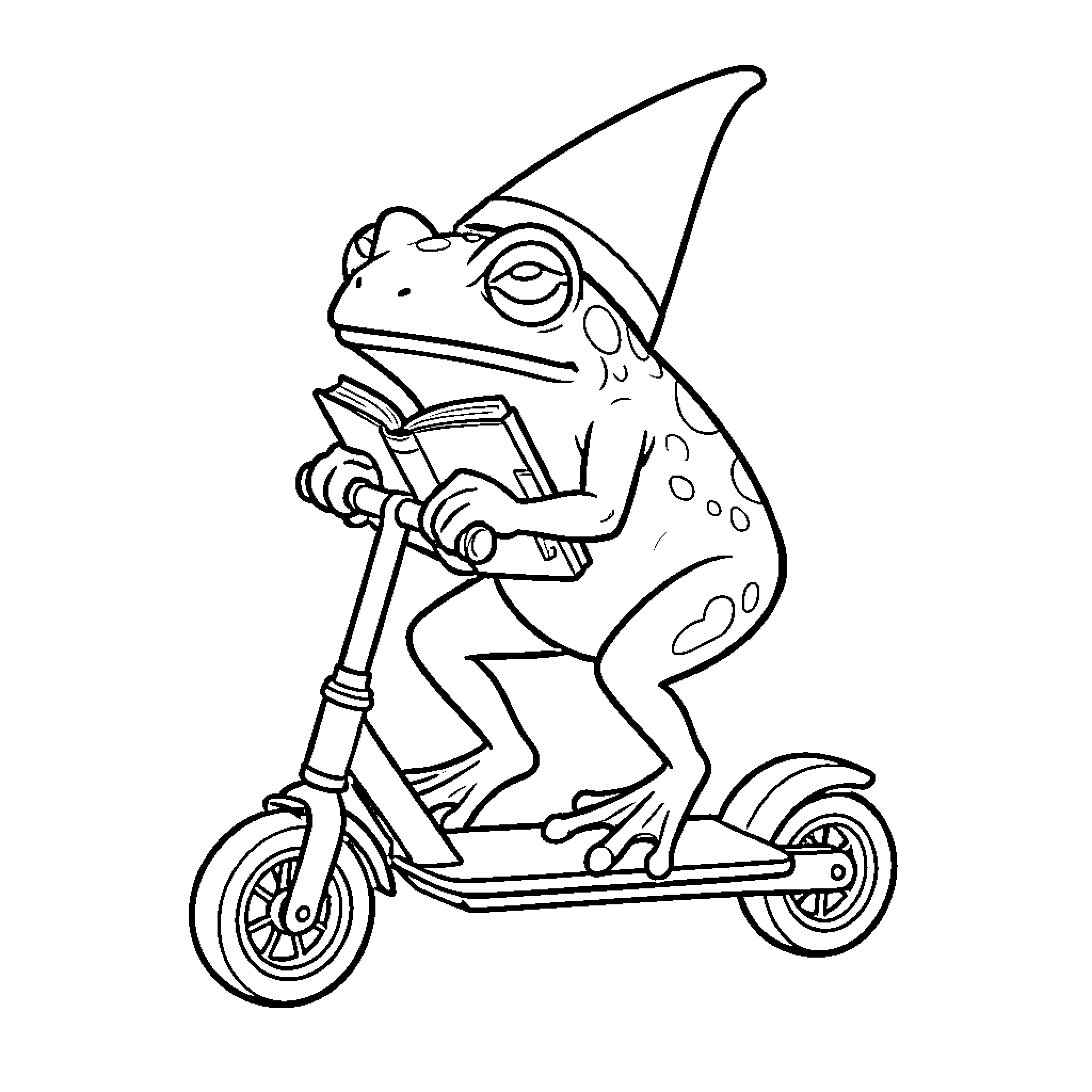 Frog wearing a hat while reading on a scooter Coloring Page (free black-and-white line drawing printable PDF for all, from beginners to advanced learners, including children, teens, adults, and seniors)