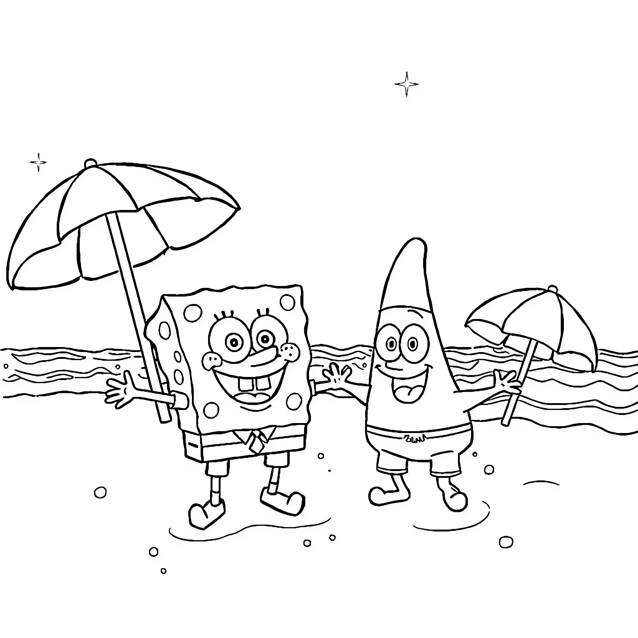 Spongebob and Patrick at the beach with umbrellas Coloring Page (free black-and-white line drawing printable PDF for all, from beginners to advanced learners, including children, teens, adults, and seniors)