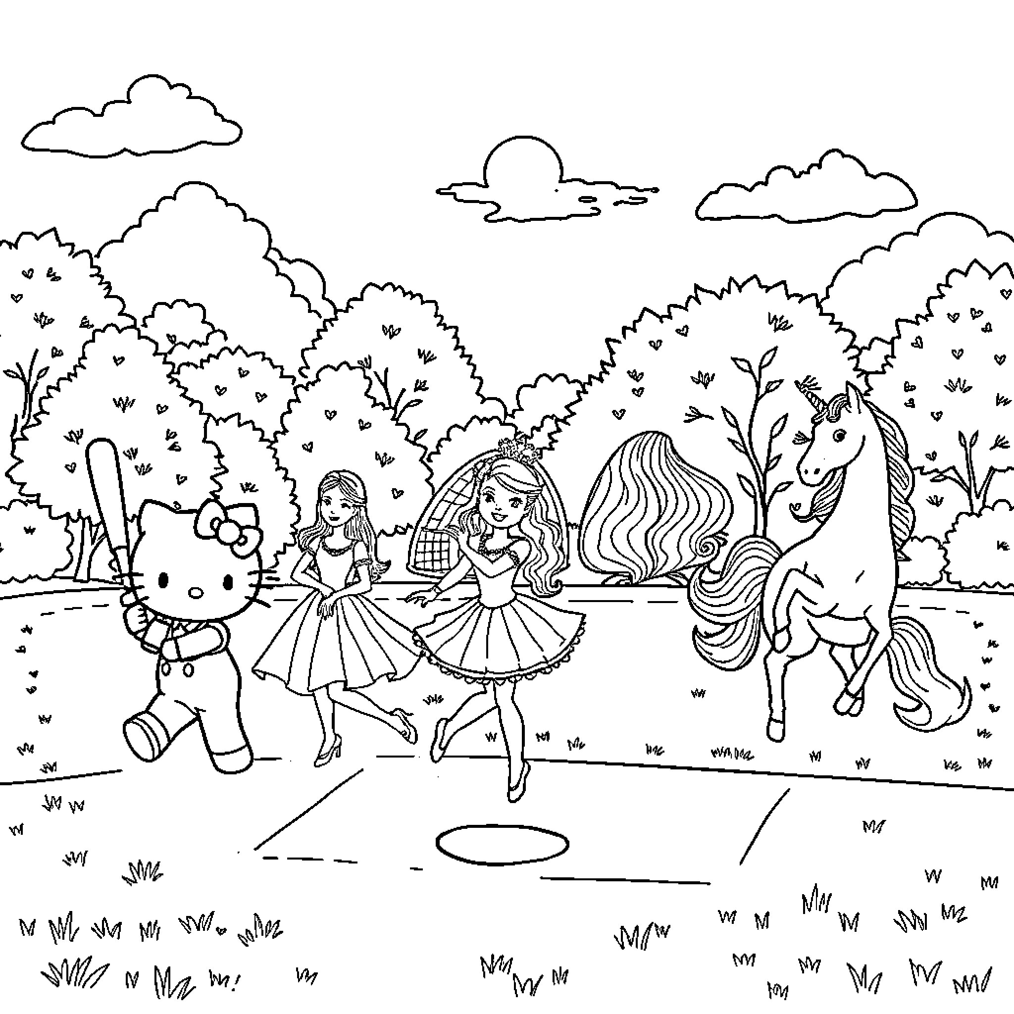 Hello Kitty and friends dance in a magical forest Coloring Page (free black-and-white line drawing printable PDF for all, from beginners to advanced learners, including children, teens, adults, and seniors)
