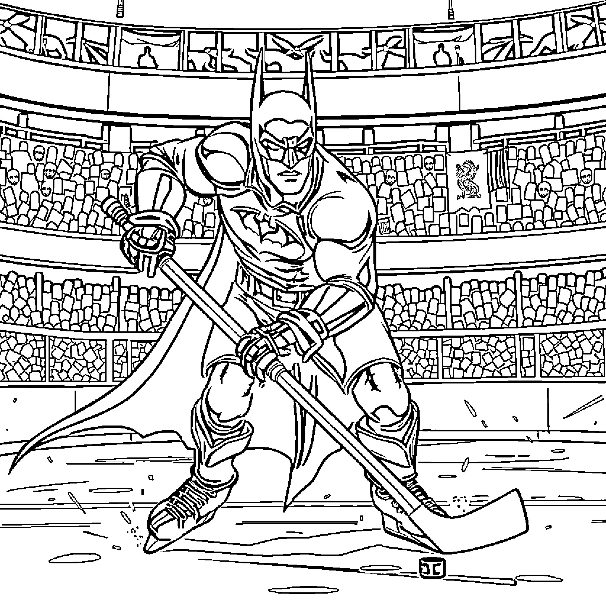 Batman battles enemies in a gladiator-style arena Coloring Page (free black-and-white line drawing printable PDF for all, from beginners to advanced learners, including children, teens, adults, and seniors)