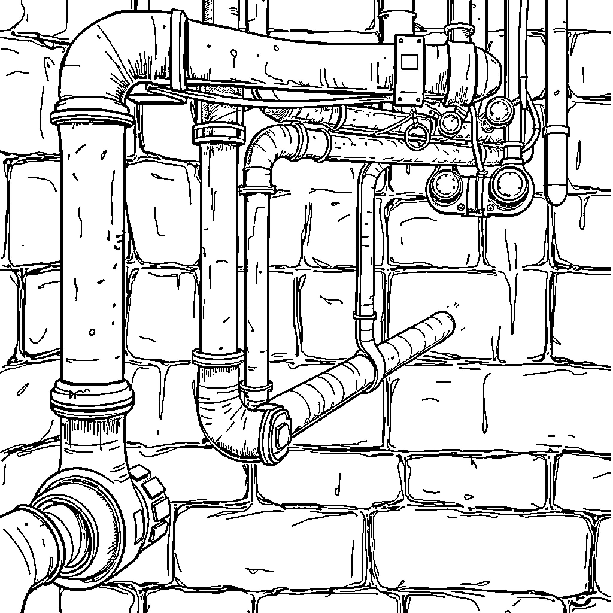 Pipe Mechanics and Plumbing Fixtures Coloring Page (free black-and-white line drawing printable PDF for all, from beginners to advanced learners, including children, teens, adults, and seniors)