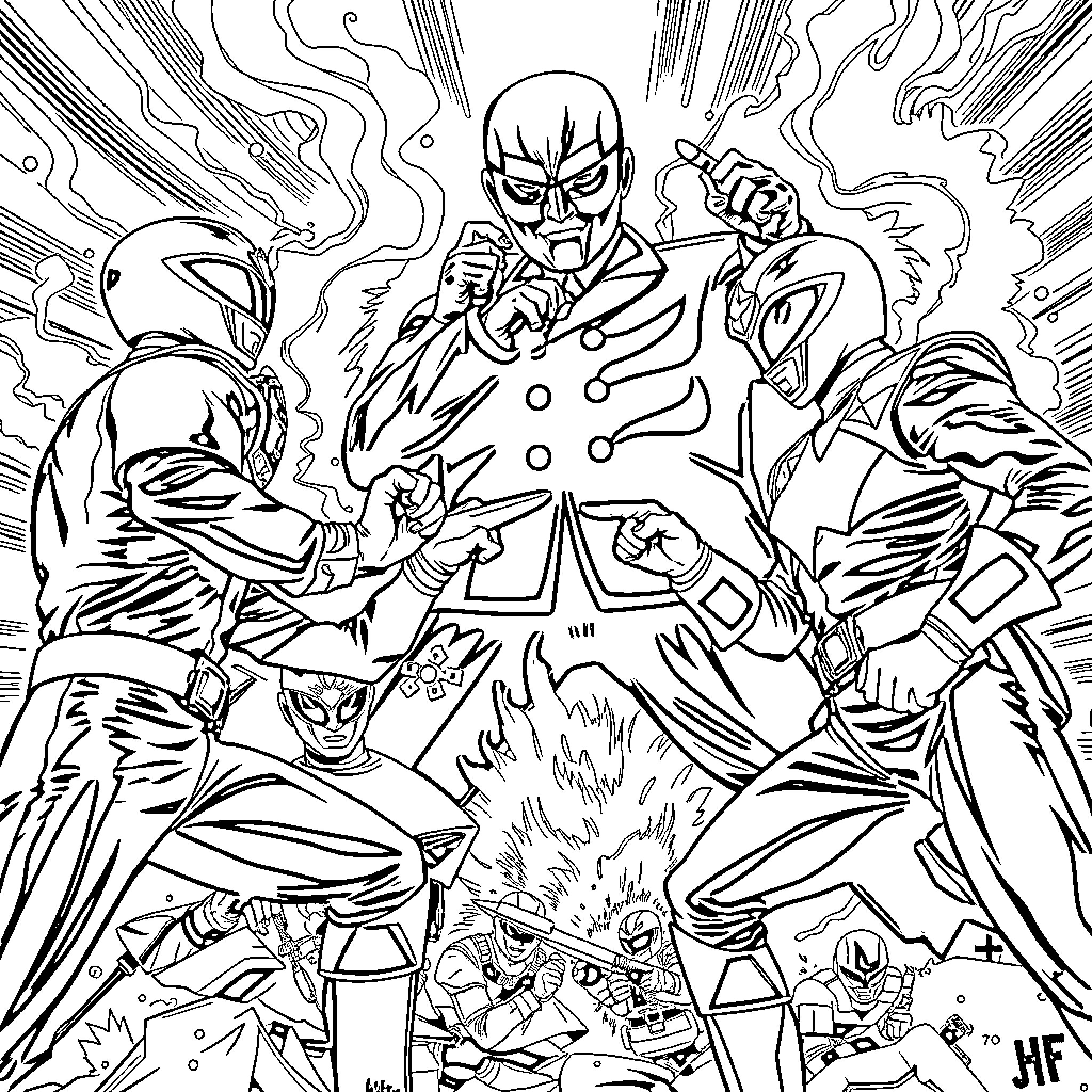 Power Ranger Heroic Showdown with Enemies Coloring Page (free black-and-white line drawing printable PDF for all, from beginners to advanced learners, including children, teens, adults, and seniors)