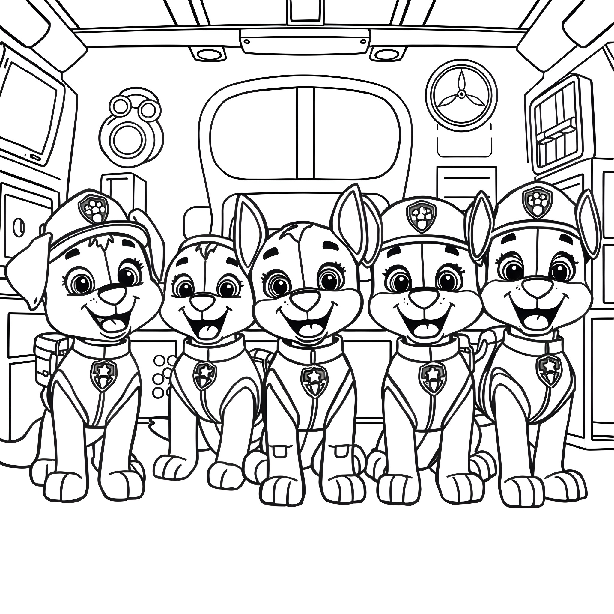 Paw Patrol Pups on Duty in the Vehicle Coloring Page (free black-and-white line drawing printable PDF for all, from beginners to advanced learners, including children, teens, adults, and seniors)