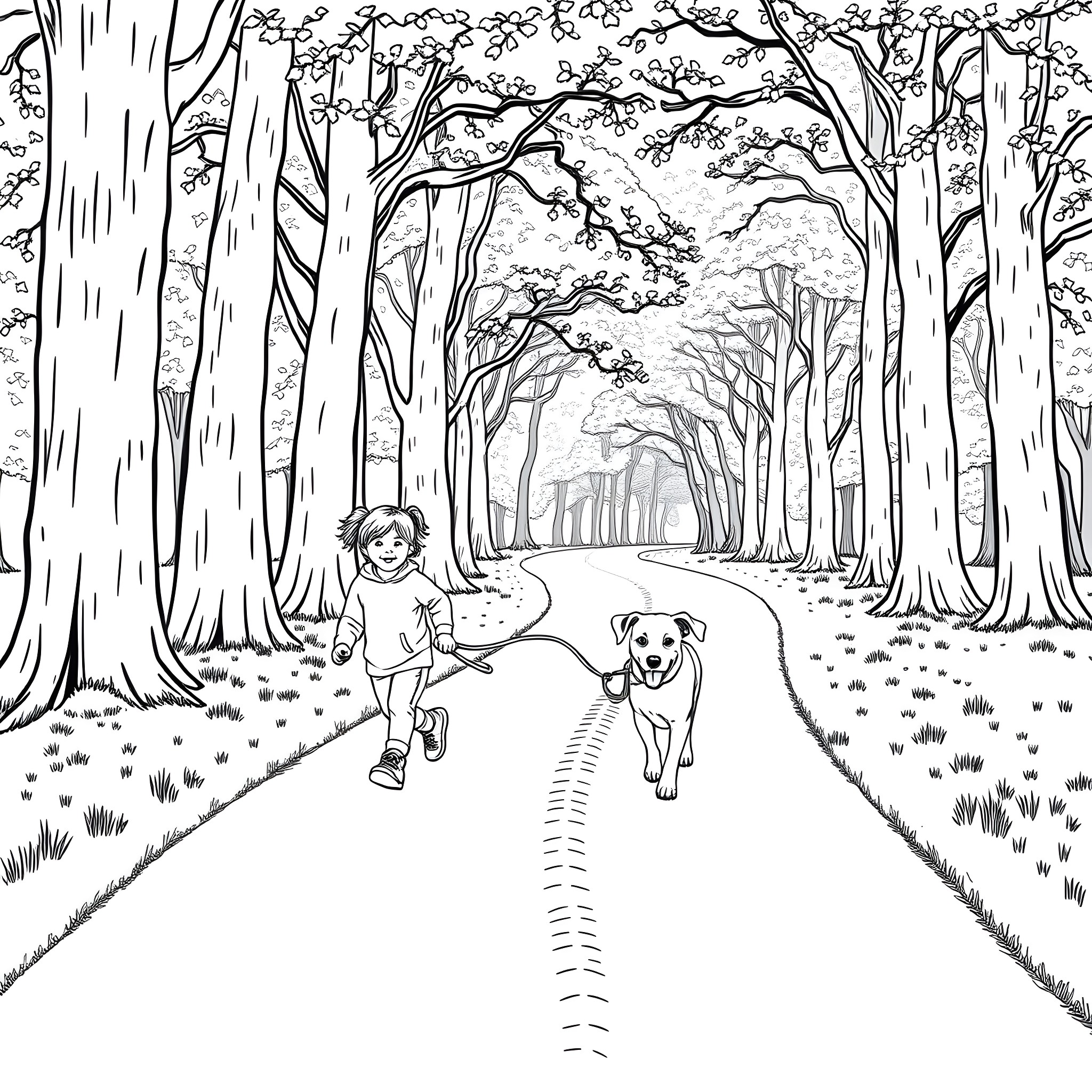 Dog and child playing in a tranquil forest Coloring Page (free black-and-white line drawing printable PDF for all, from beginners to advanced learners, including children, teens, adults, and seniors)