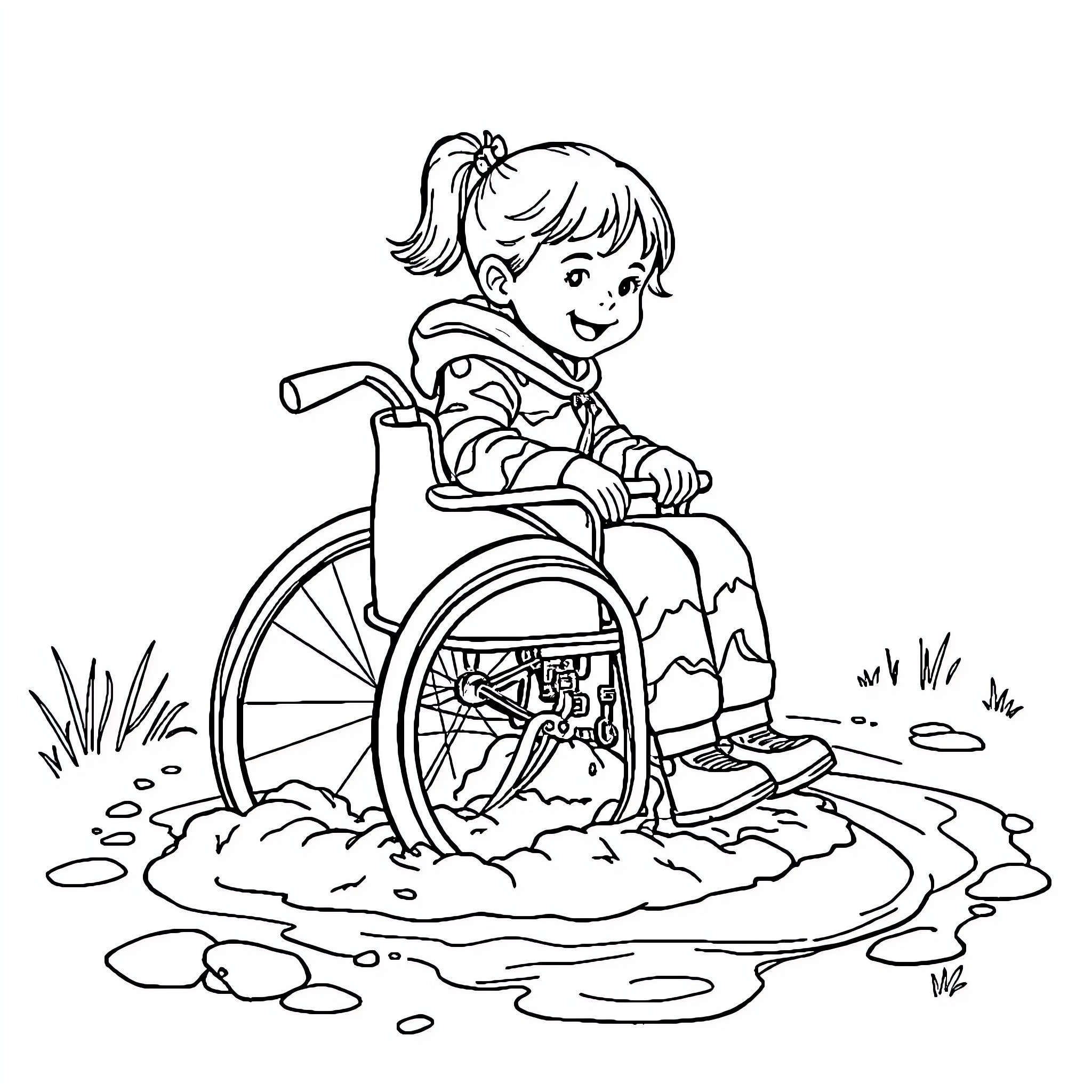 Girl in Wheelchair Exploring Outdoor Adventure Coloring Page (free black-and-white line drawing printable PDF for all, from beginners to advanced learners, including children, teens, adults, and seniors)