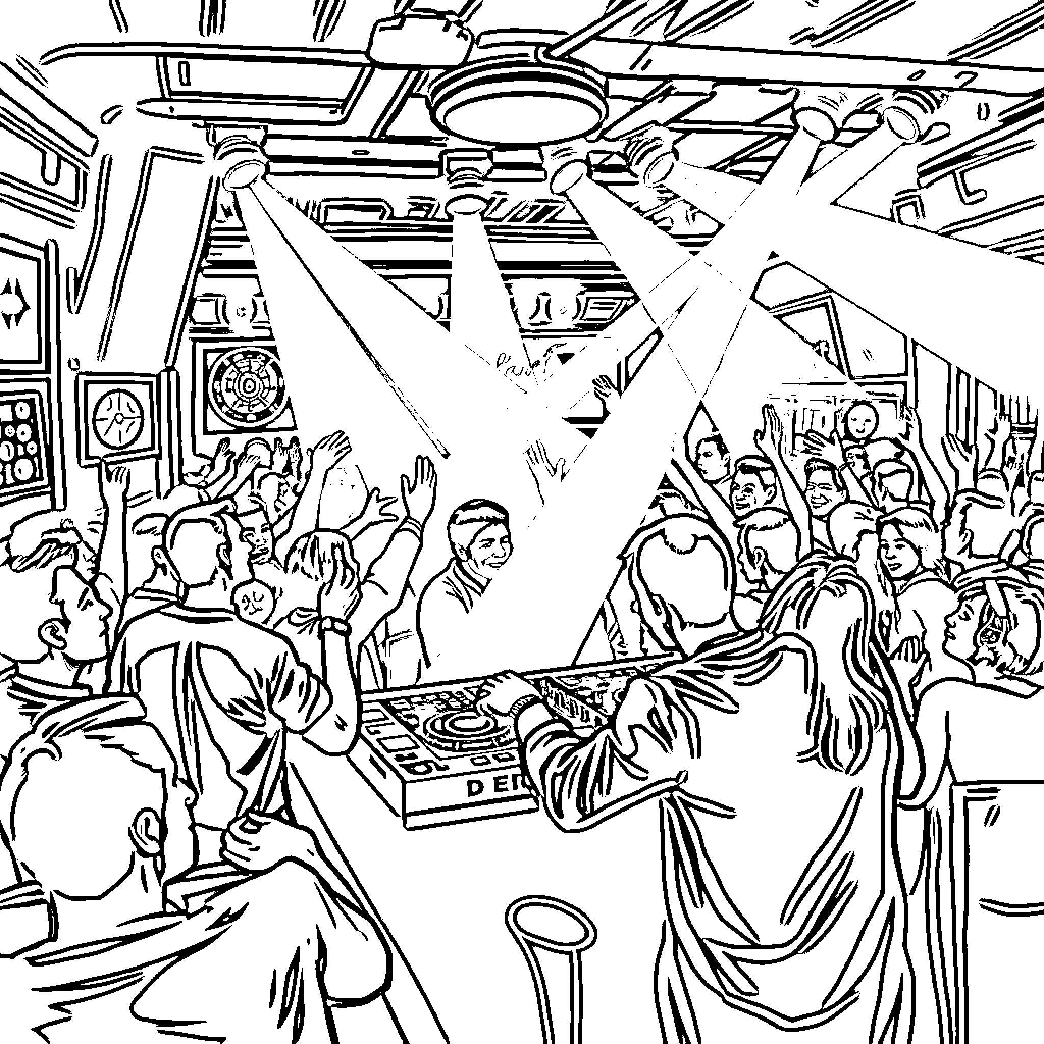 DJ Energetic Performance at Vibrant Music Event Coloring Page (free black-and-white line drawing printable PDF for all, from beginners to advanced learners, including children, teens, adults, and seniors)