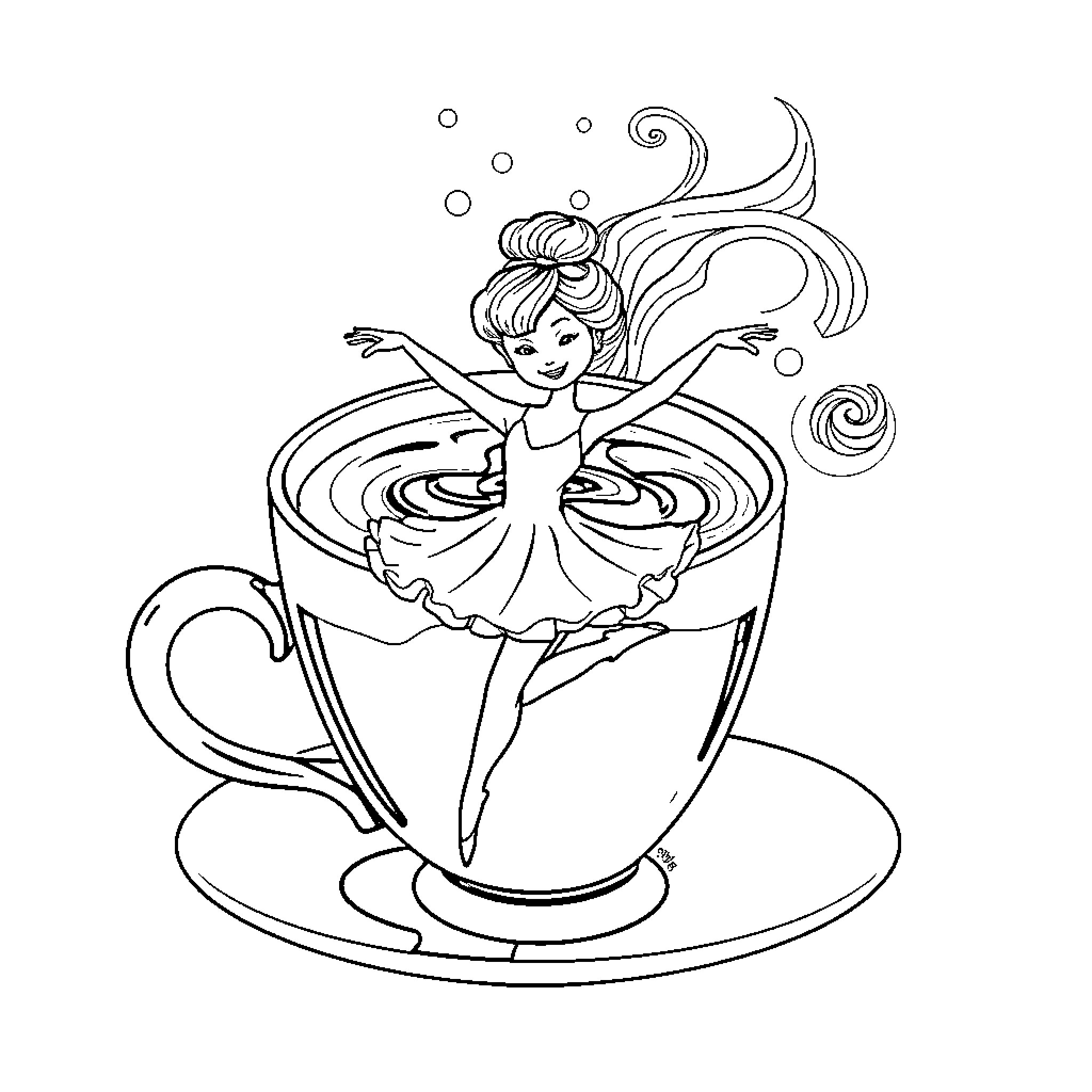 Ballerina dancing gracefully in a teacup Coloring Page (free black-and-white line drawing printable PDF for all, from beginners to advanced learners, including children, teens, adults, and seniors)
