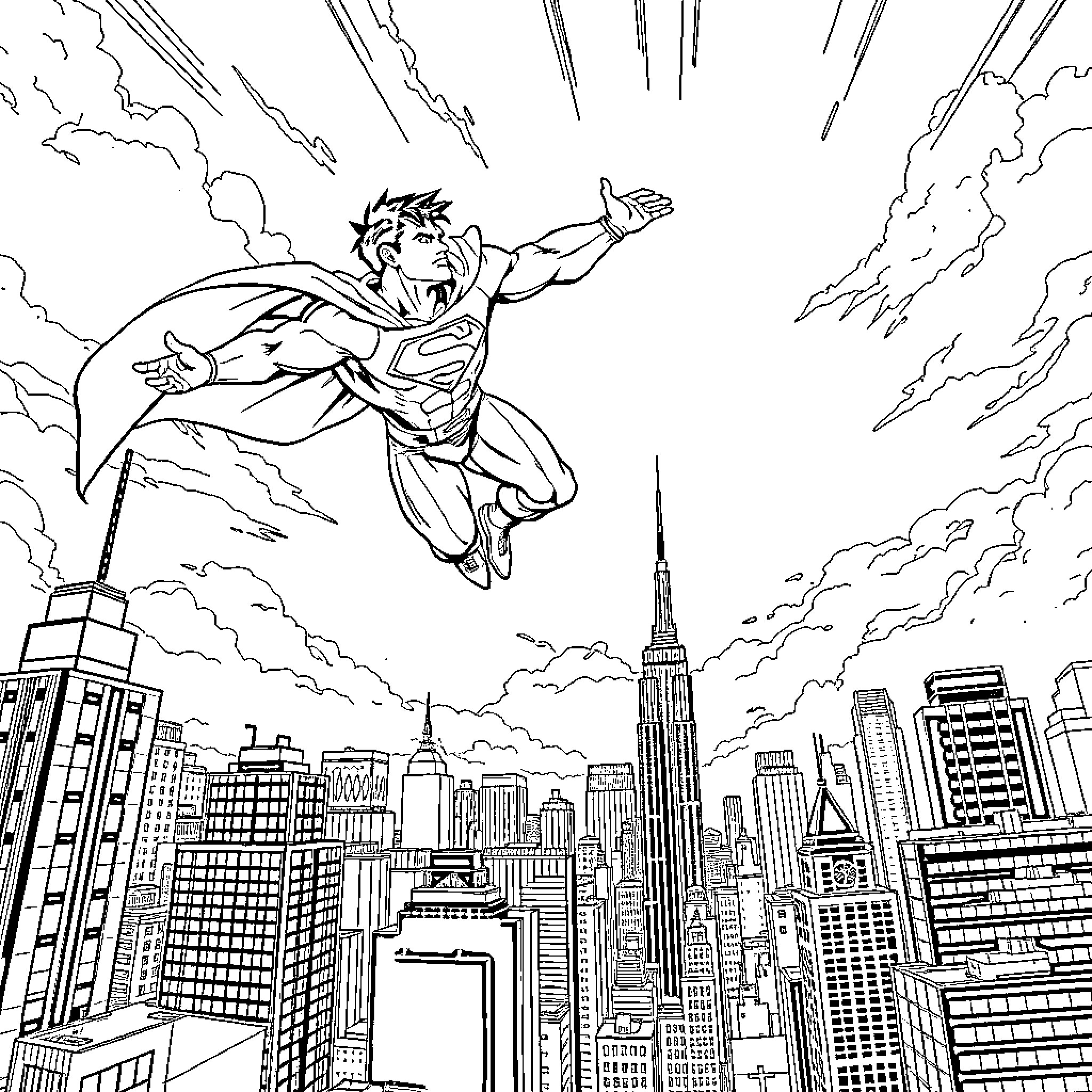 Superman soaring over the city skyline Coloring Page (free black-and-white line drawing printable PDF for all, from beginners to advanced learners, including children, teens, adults, and seniors)