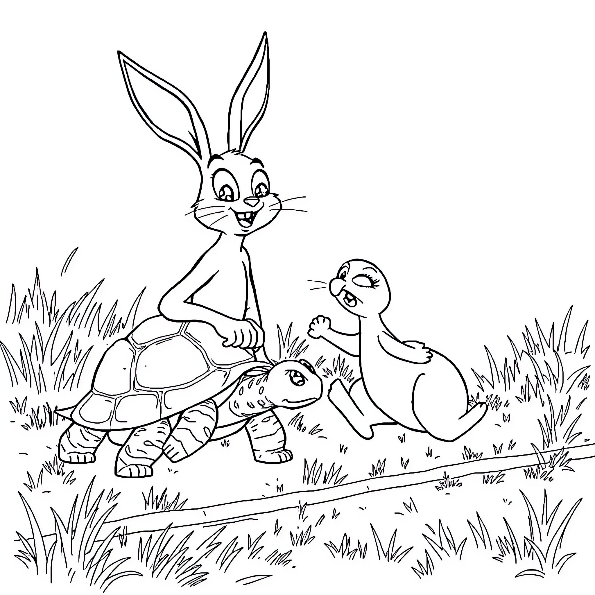 Hare and friends enjoying nature Coloring Page (free black-and-white line drawing printable PDF for all, from beginners to advanced learners, including children, teens, adults, and seniors)
