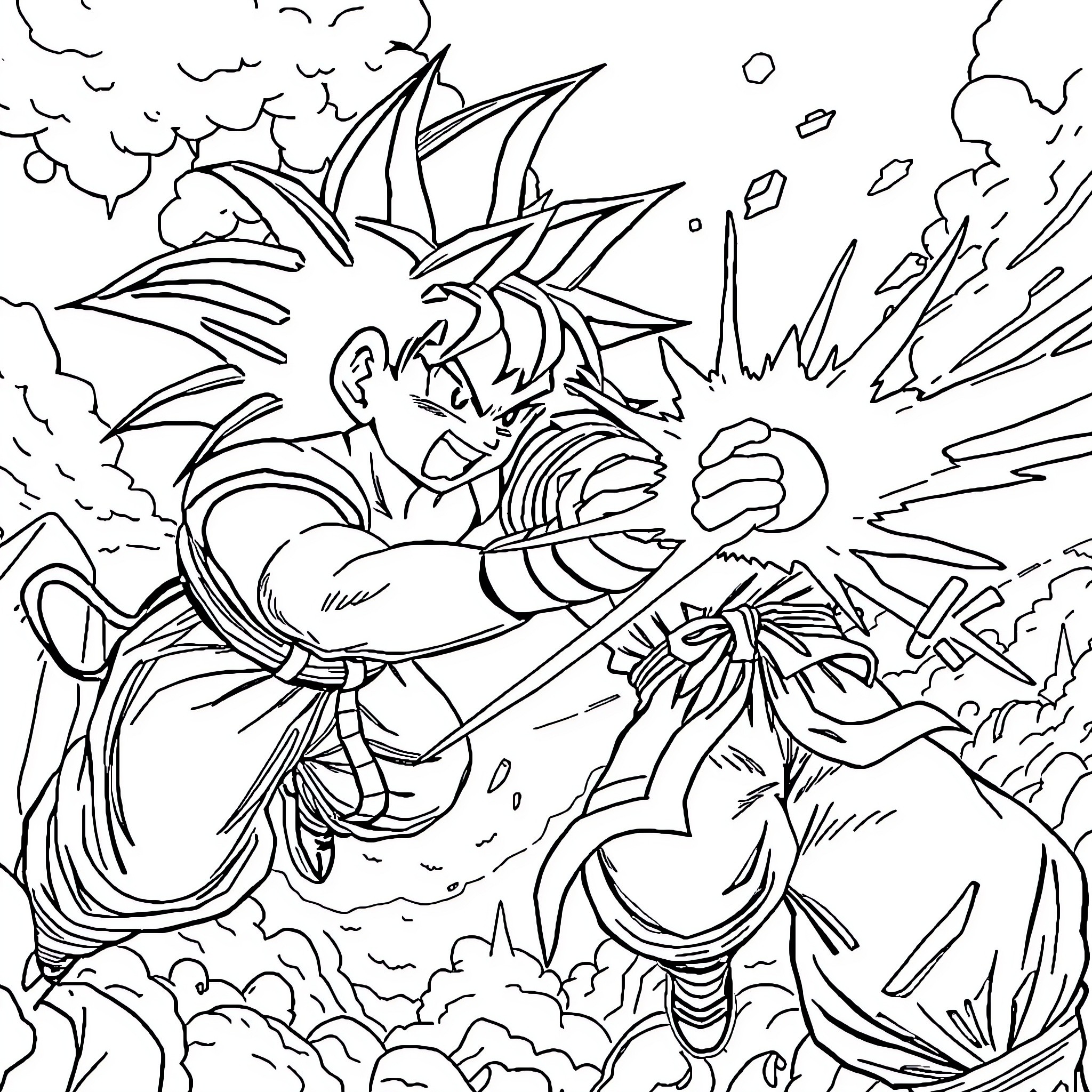 Dragon Ball Z: Intense Battle Between Warriors Coloring Page (free black-and-white line drawing printable PDF for all, from beginners to advanced learners, including children, teens, adults, and seniors)