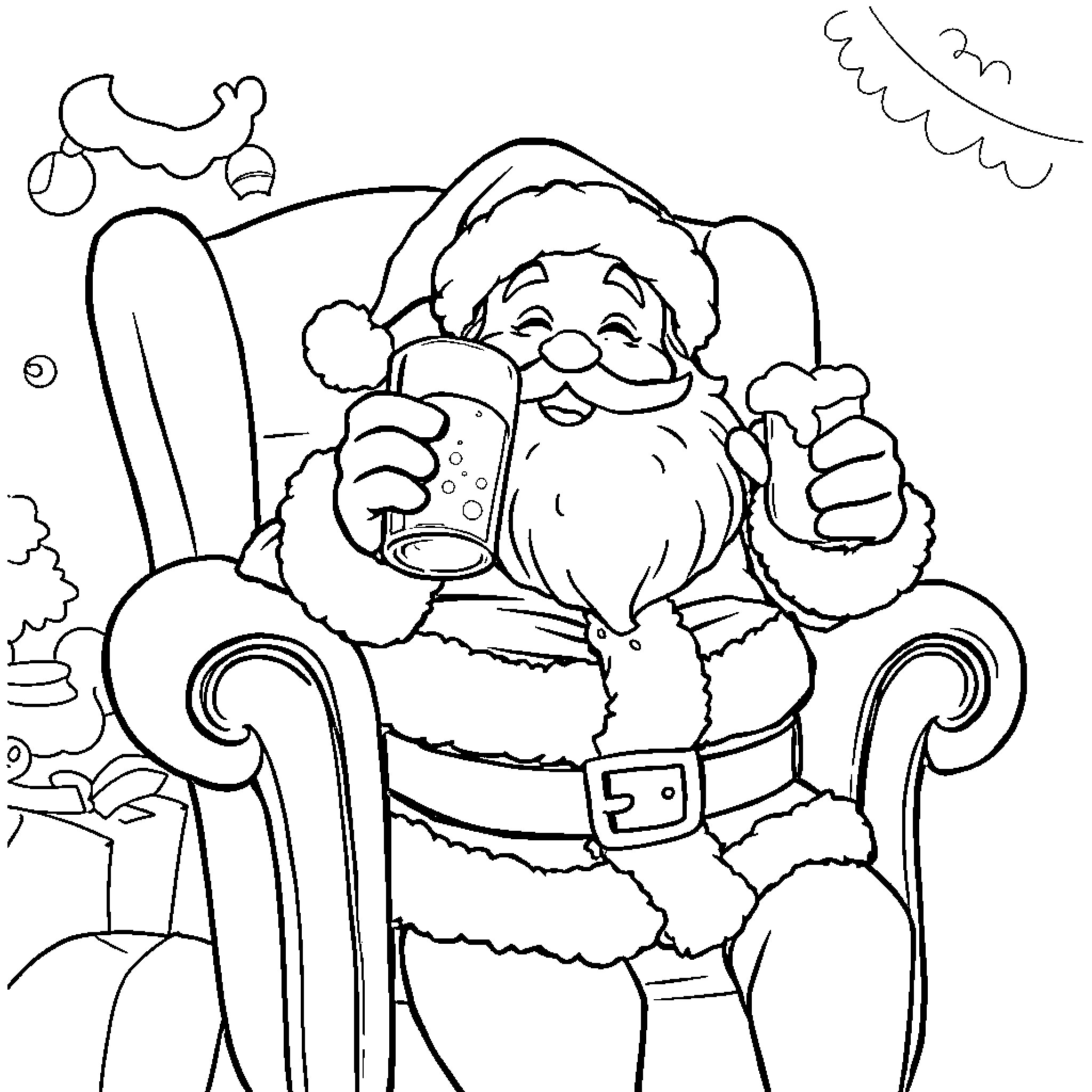 Santa enjoying a mug of hot cocoa Coloring Page (free black-and-white line drawing printable PDF for all, from beginners to advanced learners, including children, teens, adults, and seniors)