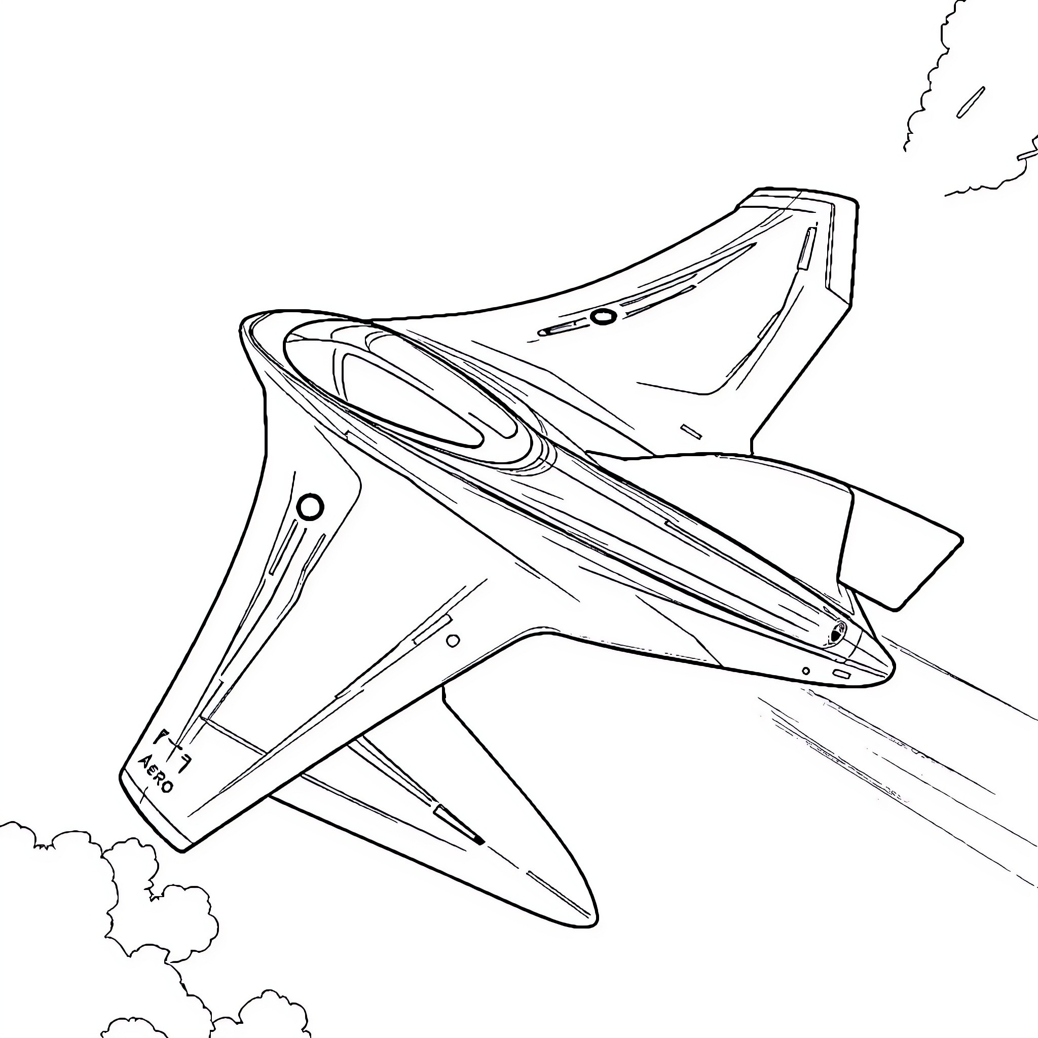 Futegar Futuristic Fighter Jet in Flight Coloring Page (free black-and-white line drawing printable PDF for all, from beginners to advanced learners, including children, teens, adults, and seniors)