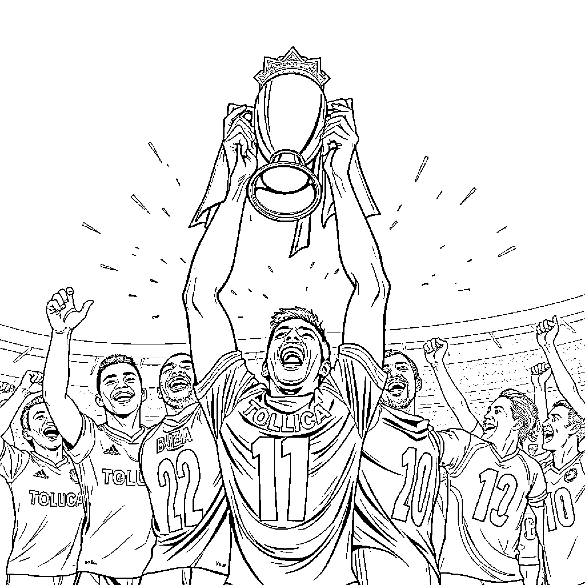 Toluca FC team celebrates championship trophy win Coloring Page (free black-and-white line drawing printable PDF for all, from beginners to advanced learners, including children, teens, adults, and seniors)