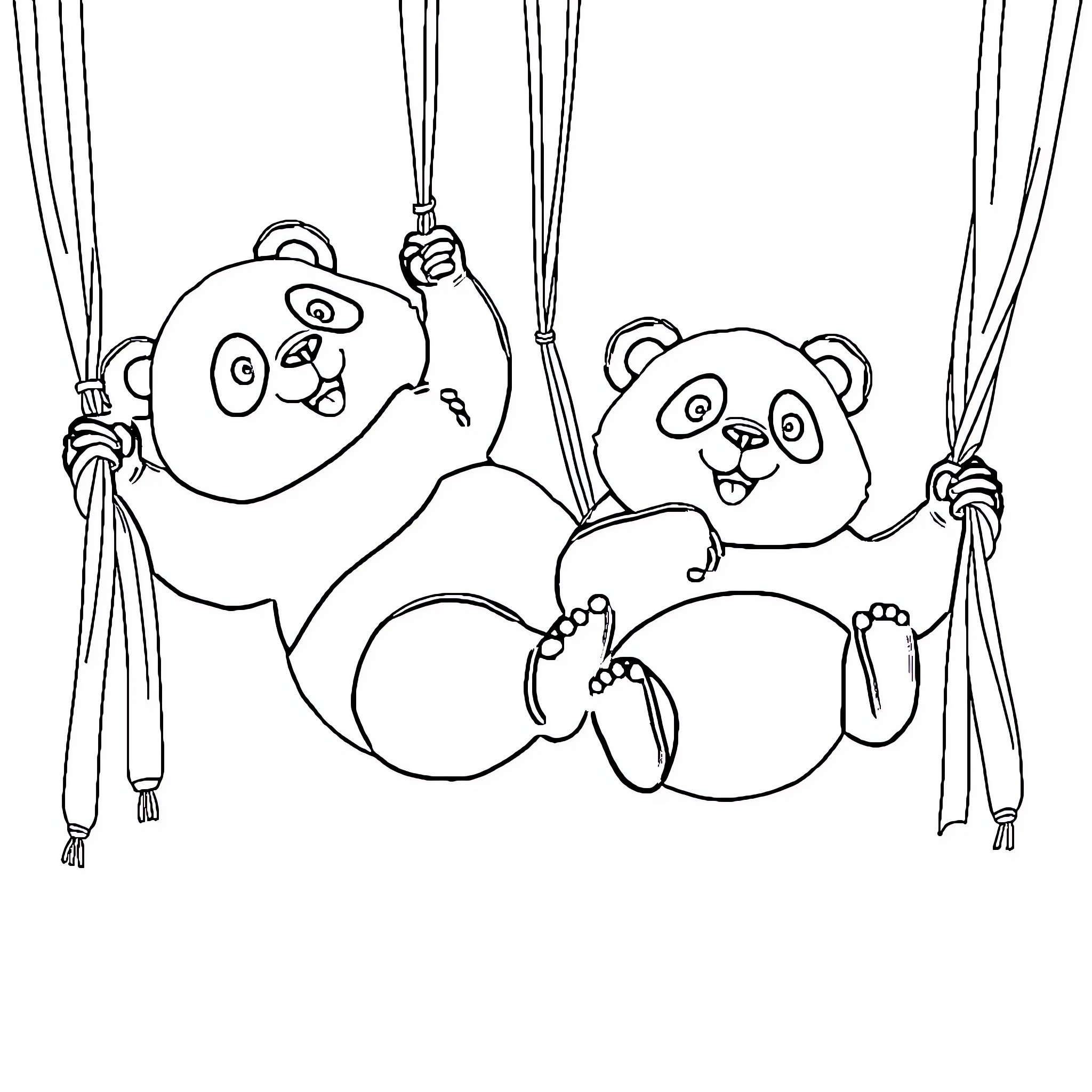 Panda friends playing on swings Coloring Page (free black-and-white line drawing printable PDF for all, from beginners to advanced learners, including children, teens, adults, and seniors)