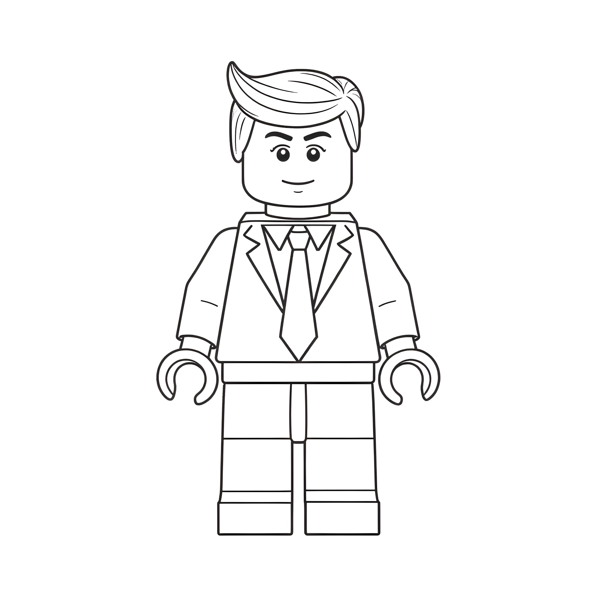 Trump as a Lego character in formal attire Coloring Page (free black-and-white line drawing printable PDF for all, from beginners to advanced learners, including children, teens, adults, and seniors)