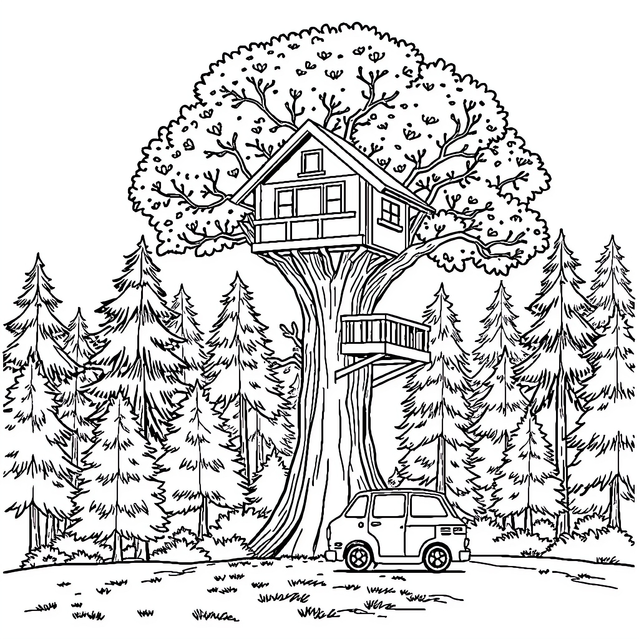 Tree House in the Forest with Vehicle Coloring Page (free black-and-white line drawing printable PDF for all, from beginners to advanced learners, including children, teens, adults, and seniors)