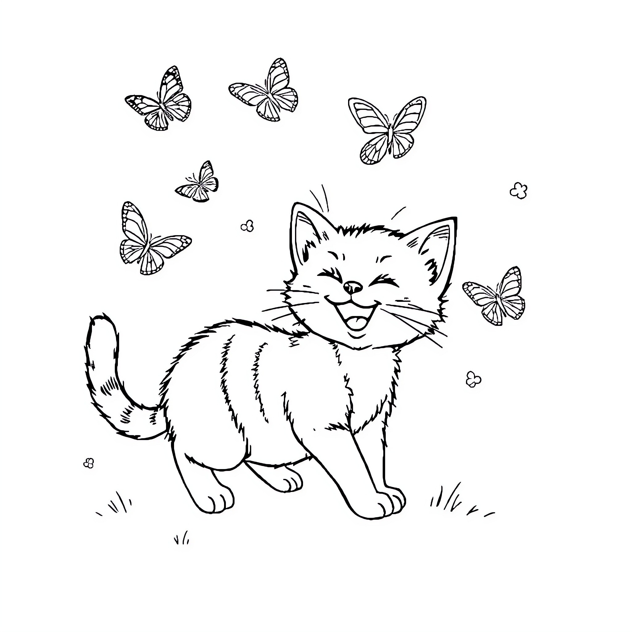 Cat joyfully playing with butterflies Coloring Page (free black-and-white line drawing printable PDF for all, from beginners to advanced learners, including children, teens, adults, and seniors)