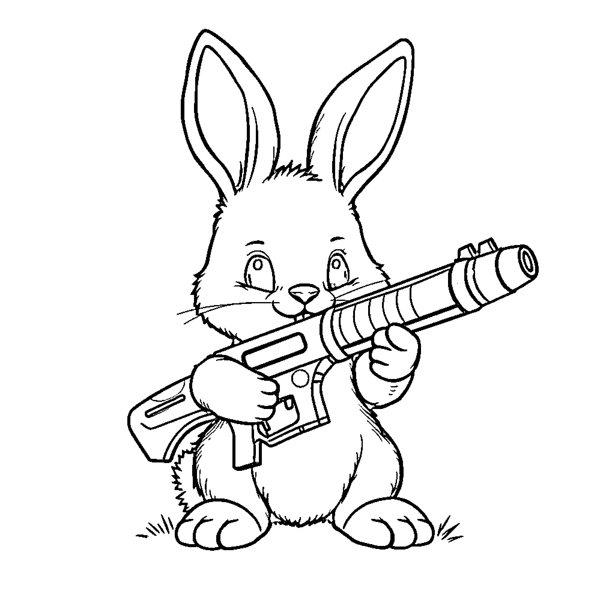 Bunny with a blaster gun Coloring Page (free black-and-white line drawing printable PDF for all, from beginners to advanced learners, including children, teens, adults, and seniors)
