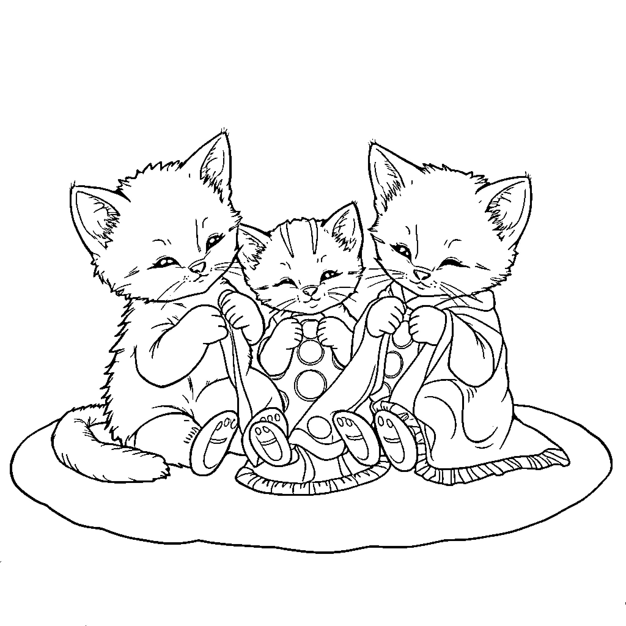 Kittens cuddling in cozy nest Coloring Page (free black-and-white line drawing printable PDF for all, from beginners to advanced learners, including children, teens, adults, and seniors)