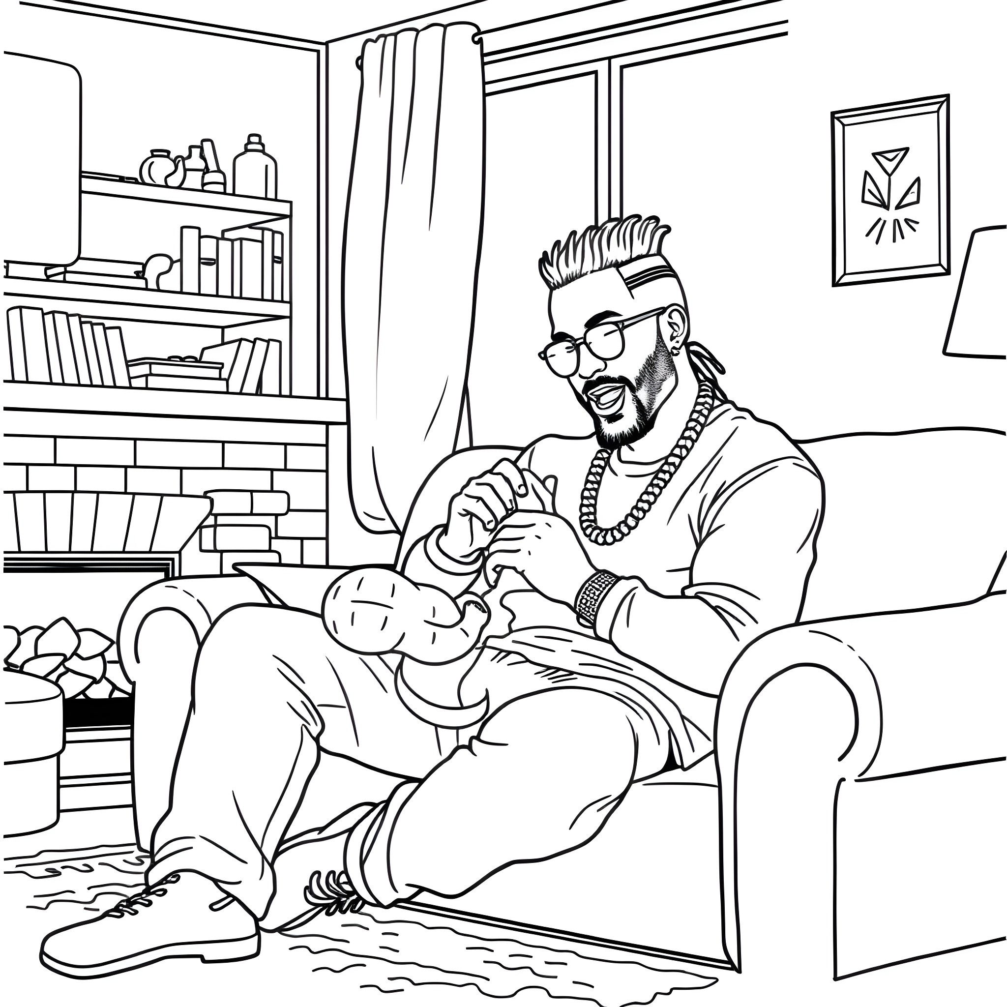 Lil Jon relaxing at home with a pet Coloring Page (free black-and-white line drawing printable PDF for all, from beginners to advanced learners, including children, teens, adults, and seniors)