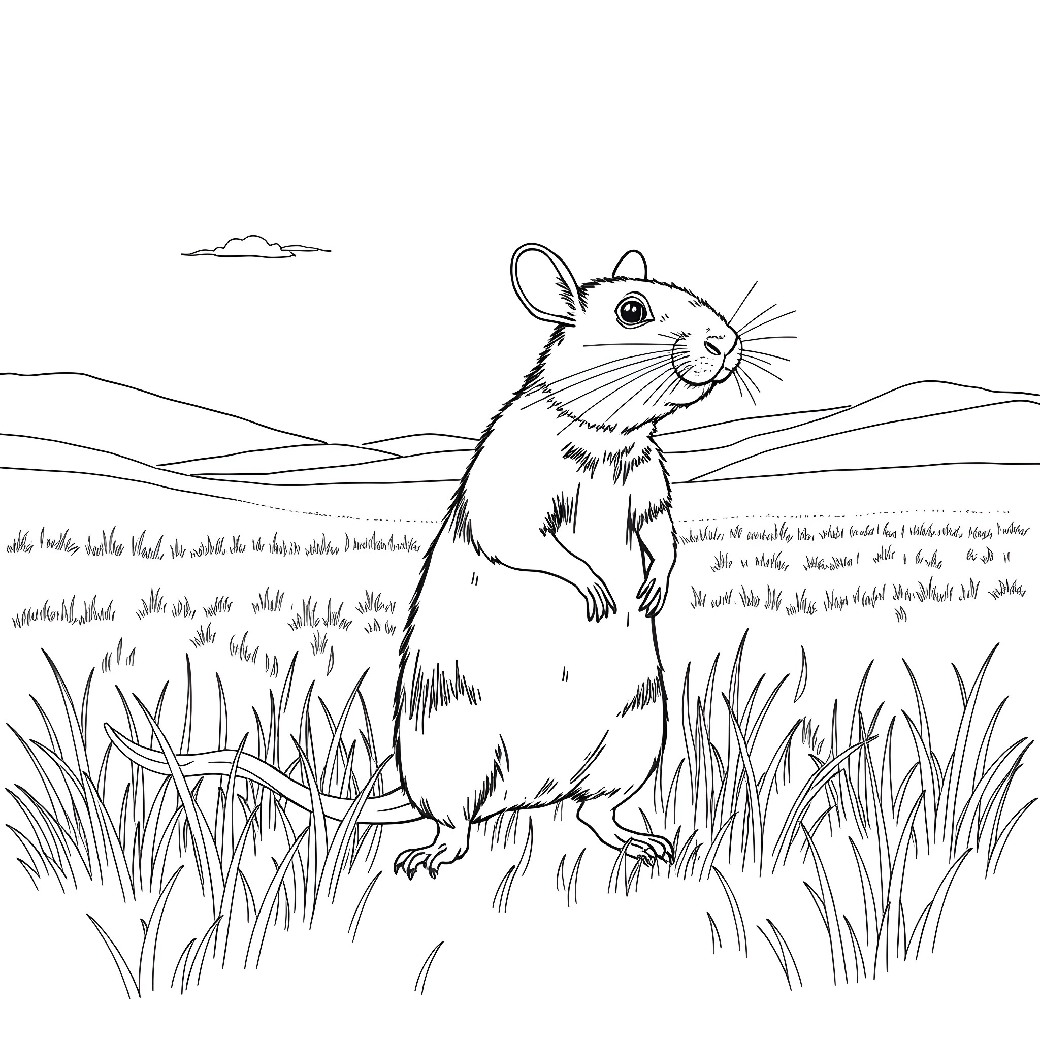 Rat exploring the countryside landscape Coloring Page (free black-and-white line drawing printable PDF for all, from beginners to advanced learners, including children, teens, adults, and seniors)