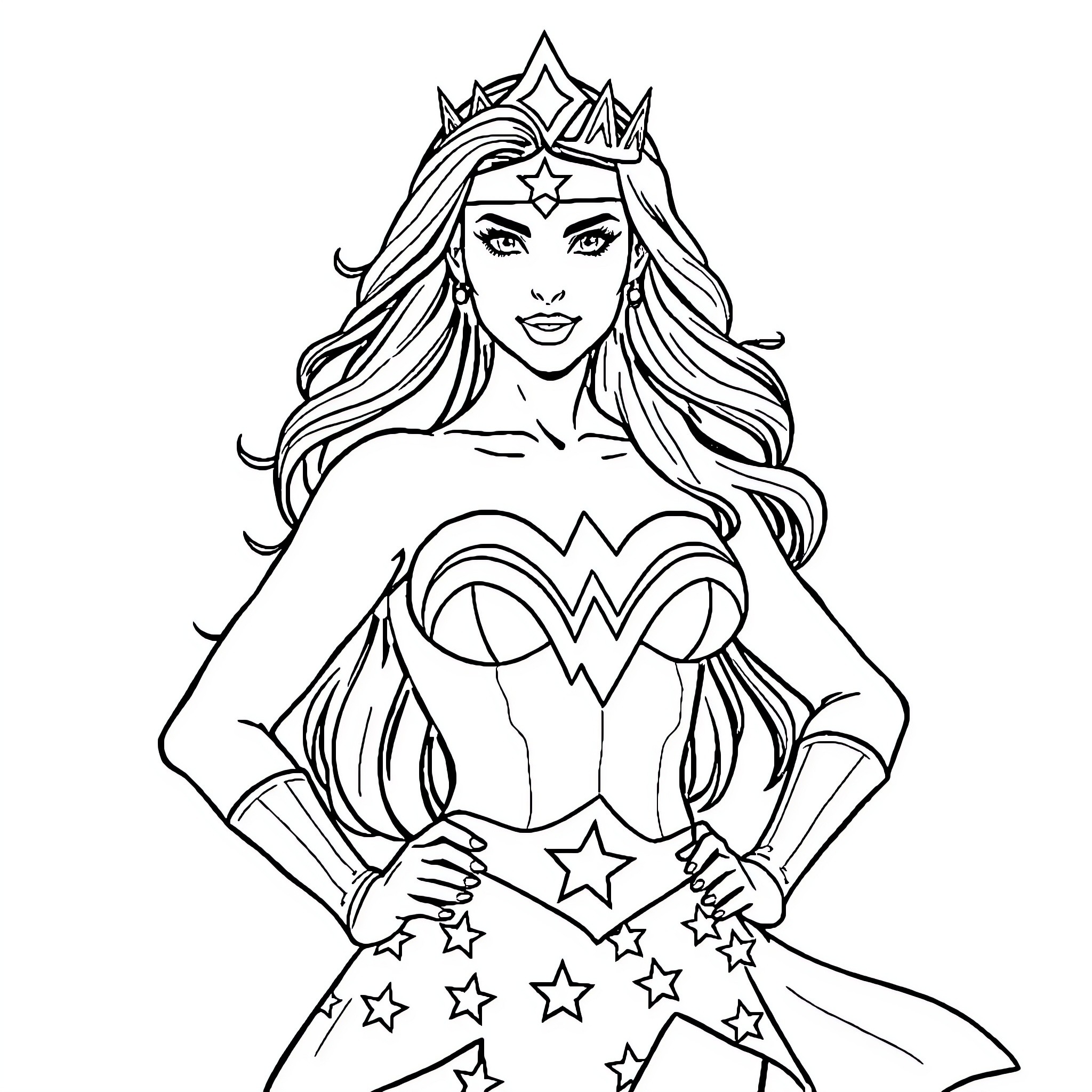 Wonder Woman in heroic stance with crown and stars Coloring Page (free black-and-white line drawing printable PDF for all, from beginners to advanced learners, including children, teens, adults, and seniors)