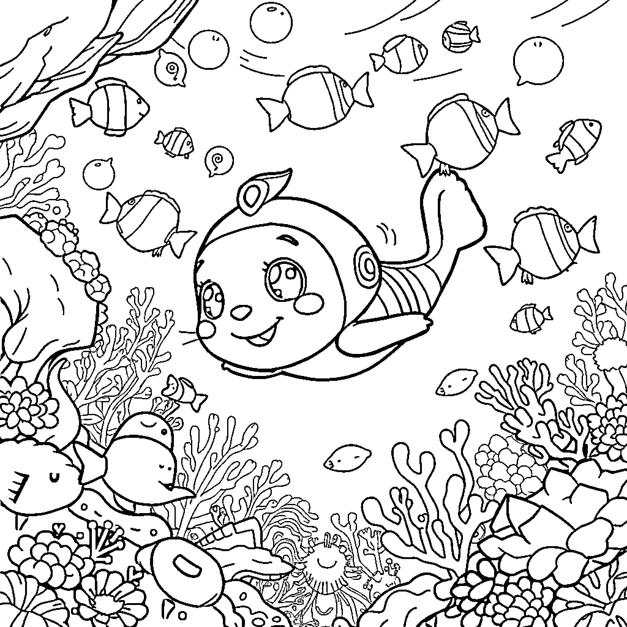 Shelinyon's Underwater Adventure with Vibrant Fish Coloring Page (free black-and-white line drawing printable PDF for all, from beginners to advanced learners, including children, teens, adults, and seniors)