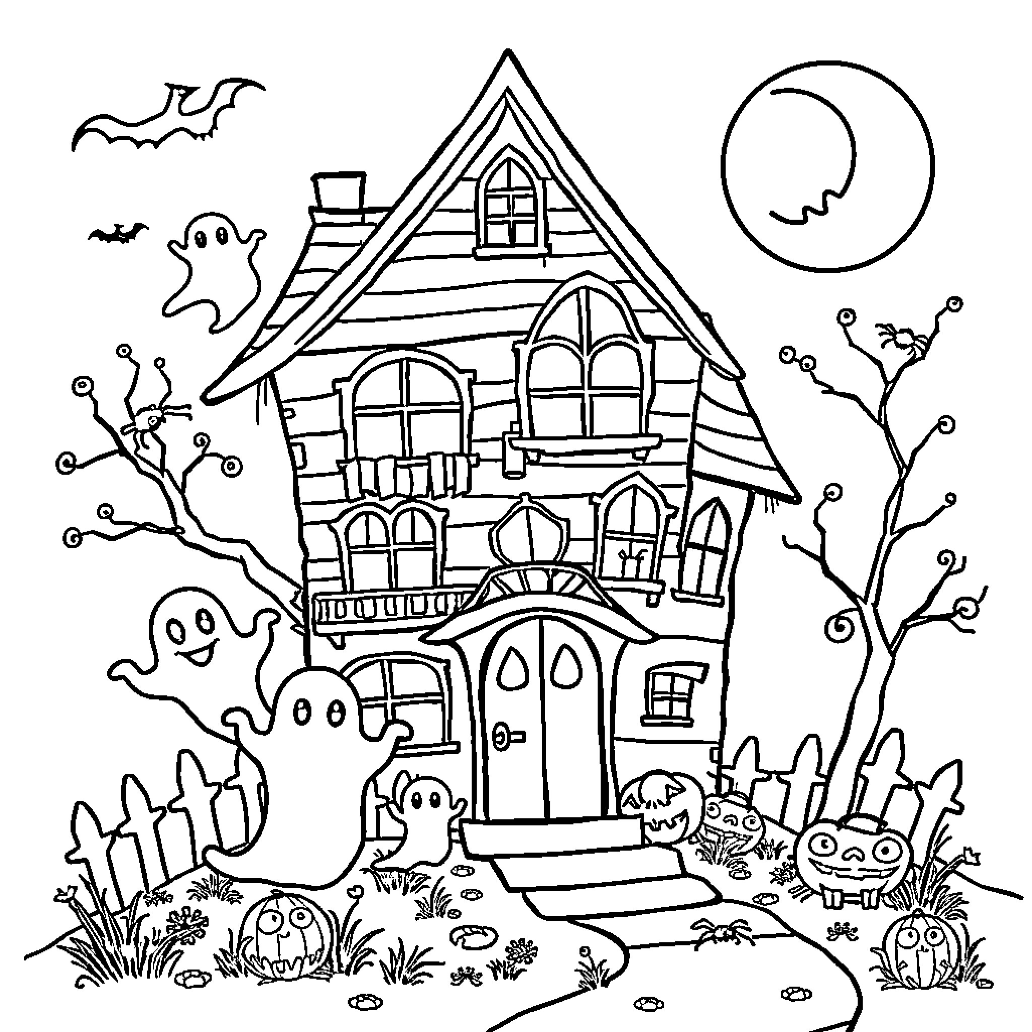 Haunted House with Ghostly Inhabitants and Spooky Atmosphere Coloring Page (free black-and-white line drawing printable PDF for all, from beginners to advanced learners, including children, teens, adults, and seniors)