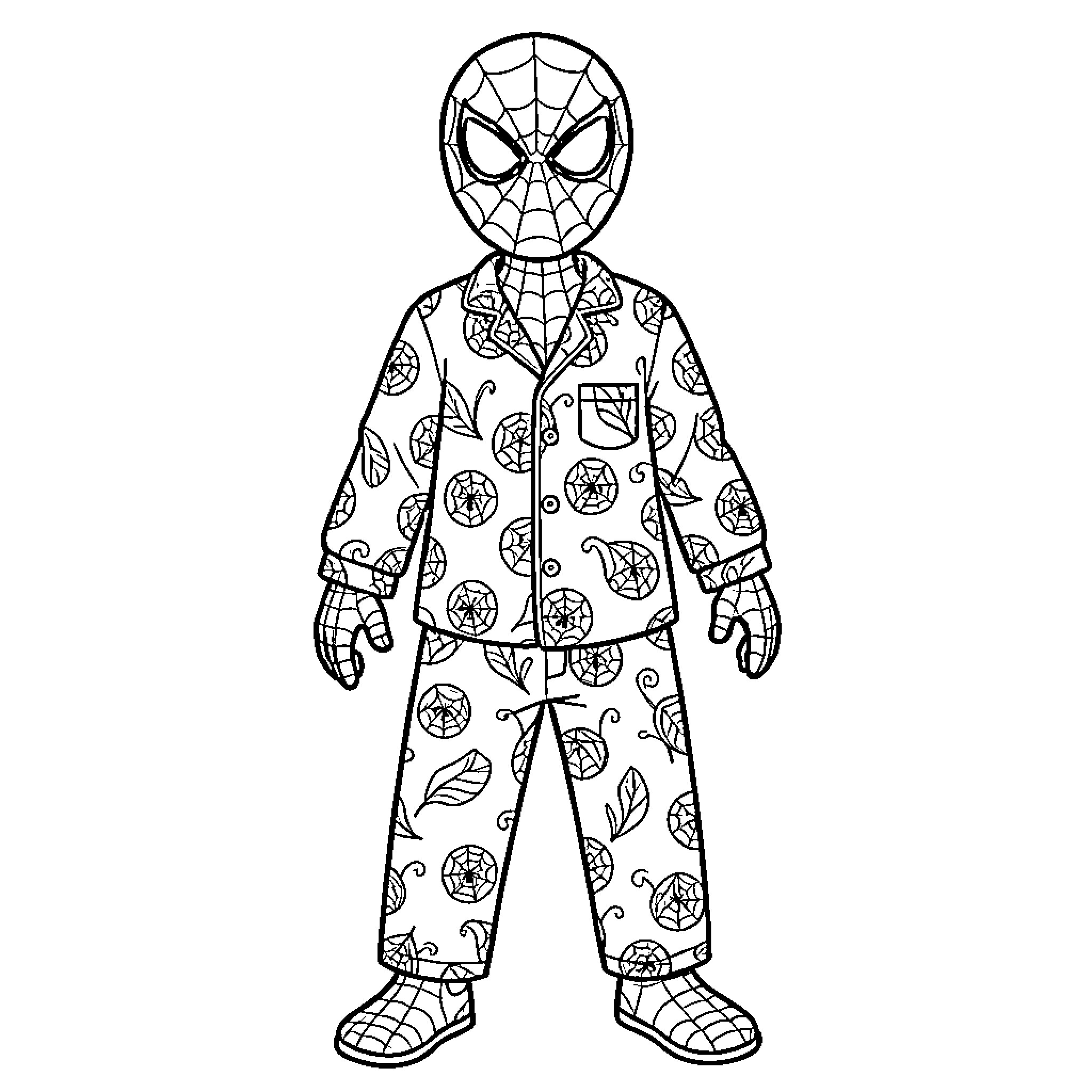 Spider-Man in patterned pajamas Coloring Page (free black-and-white line drawing printable PDF for all, from beginners to advanced learners, including children, teens, adults, and seniors)