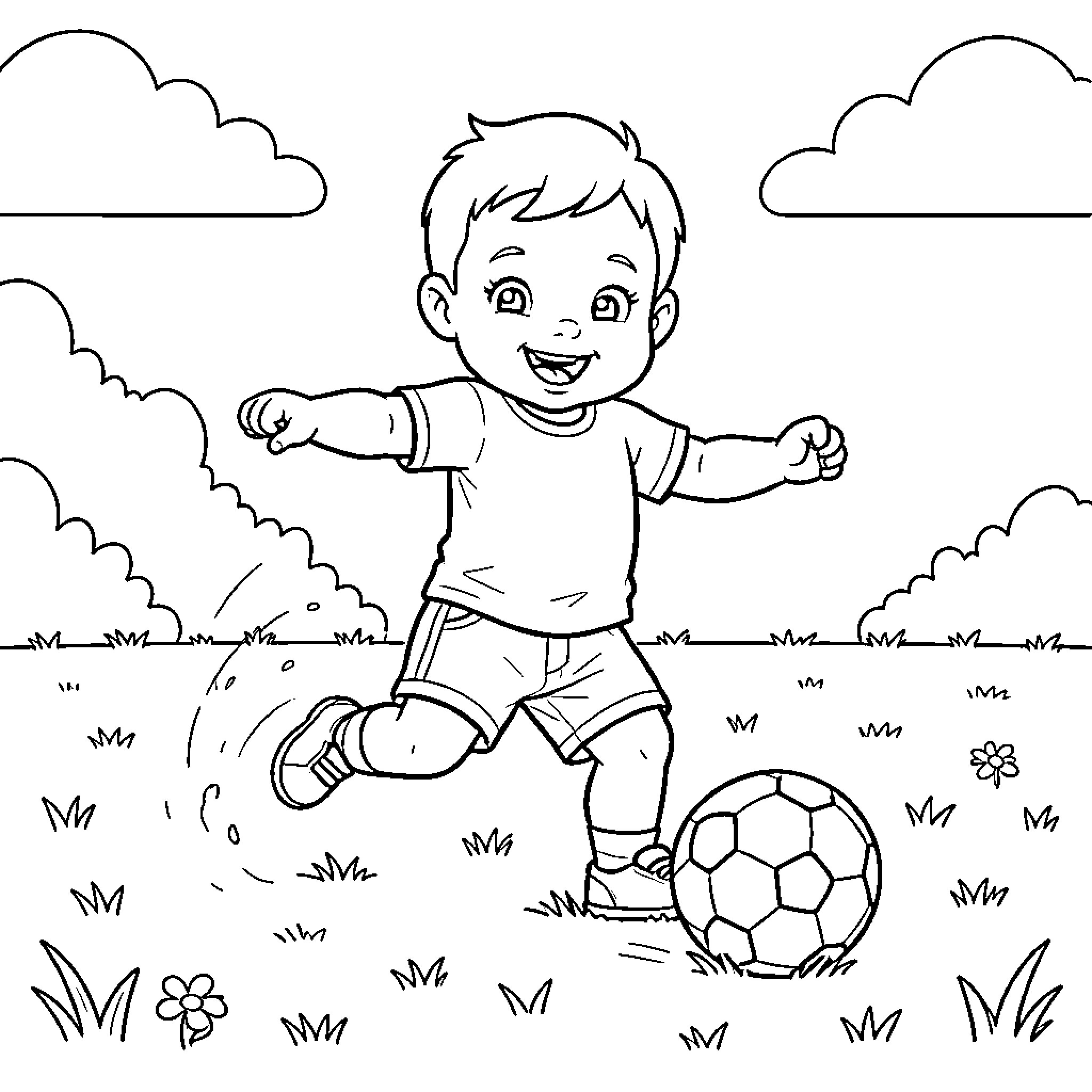 Baby boy happily kicking a soccer ball outdoors Coloring Page (free black-and-white line drawing printable PDF for all, from beginners to advanced learners, including children, teens, adults, and seniors)