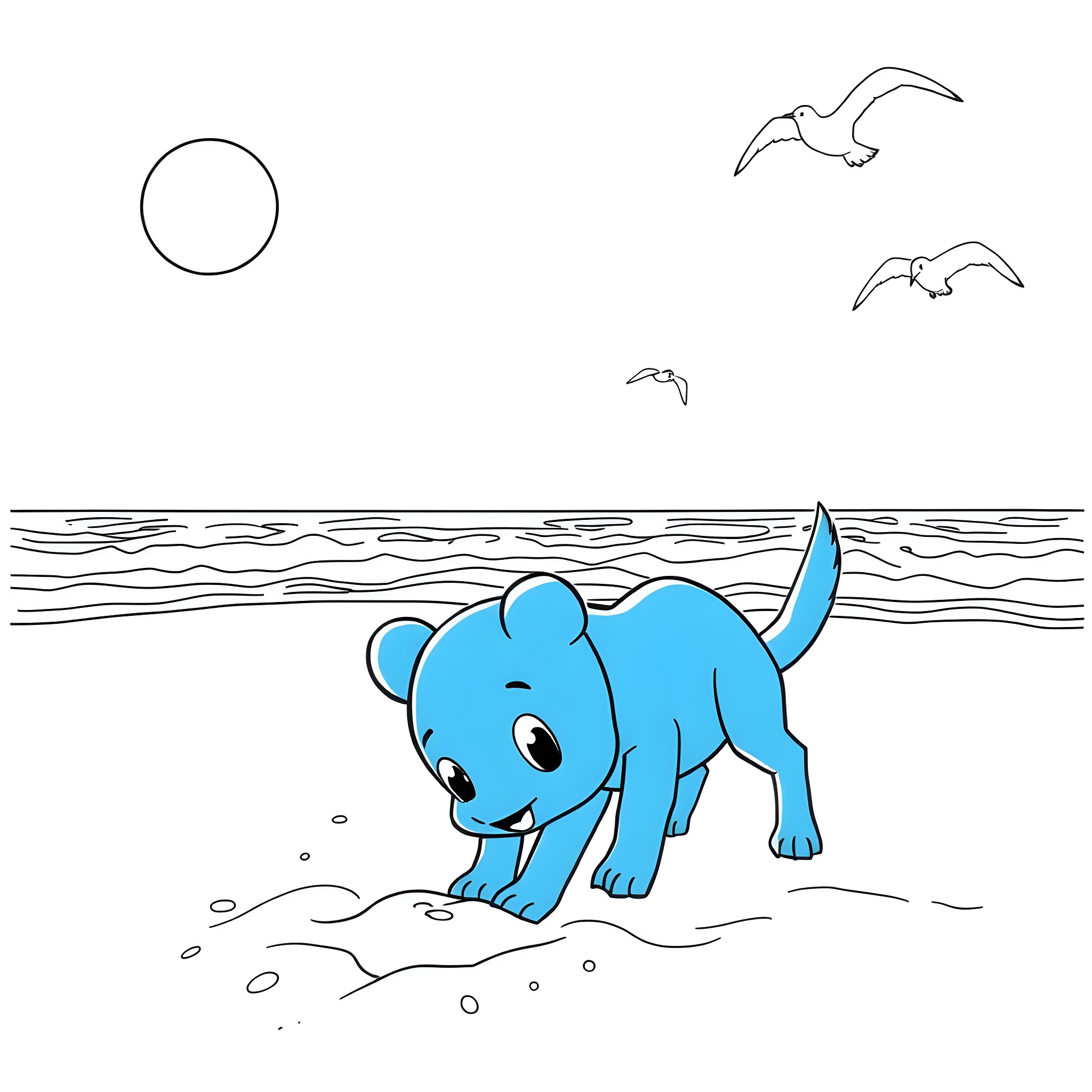 Bluey playing at the beach Coloring Page (free black-and-white line drawing printable PDF for all, from beginners to advanced learners, including children, teens, adults, and seniors)