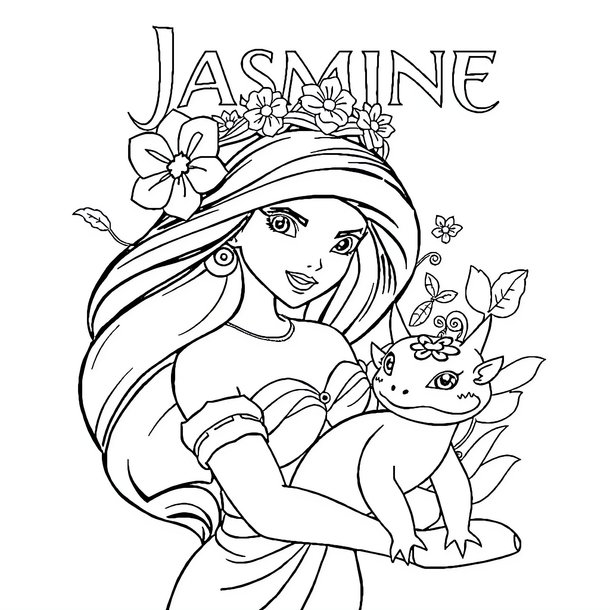 Axolotl and the Flower-Adorned Girl Coloring Page (free black-and-white line drawing printable PDF for all, from beginners to advanced learners, including children, teens, adults, and seniors)