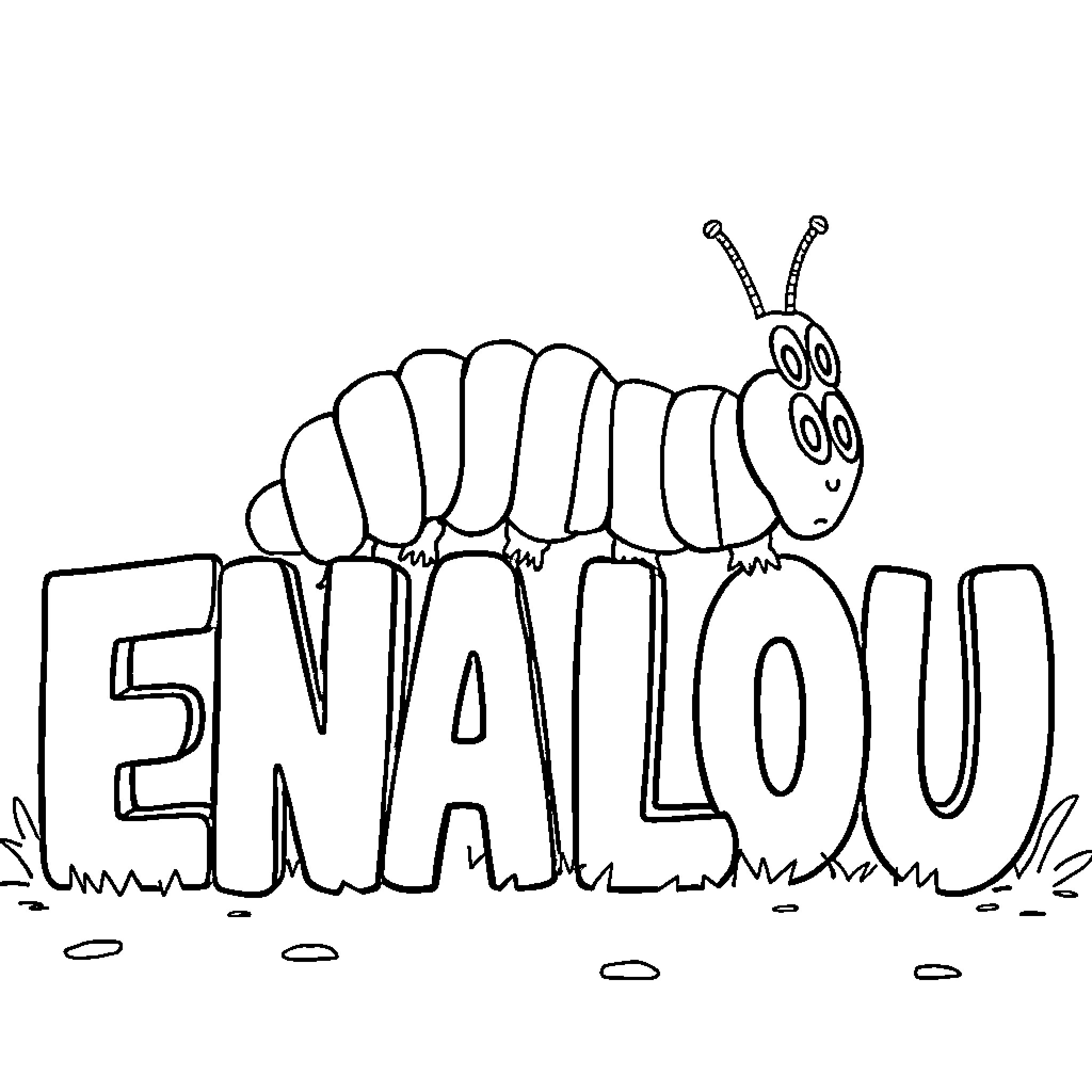 Caterpillar exploring the name 'Enalou' Coloring Page (free black-and-white line drawing printable PDF for all, from beginners to advanced learners, including children, teens, adults, and seniors)