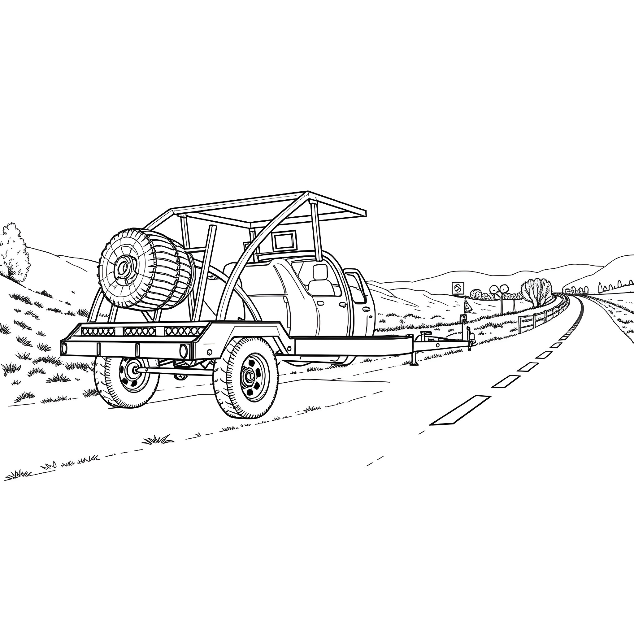 Car Trailer Transporting Logs on the Road Coloring Page (free black-and-white line drawing printable PDF for all, from beginners to advanced learners, including children, teens, adults, and seniors)