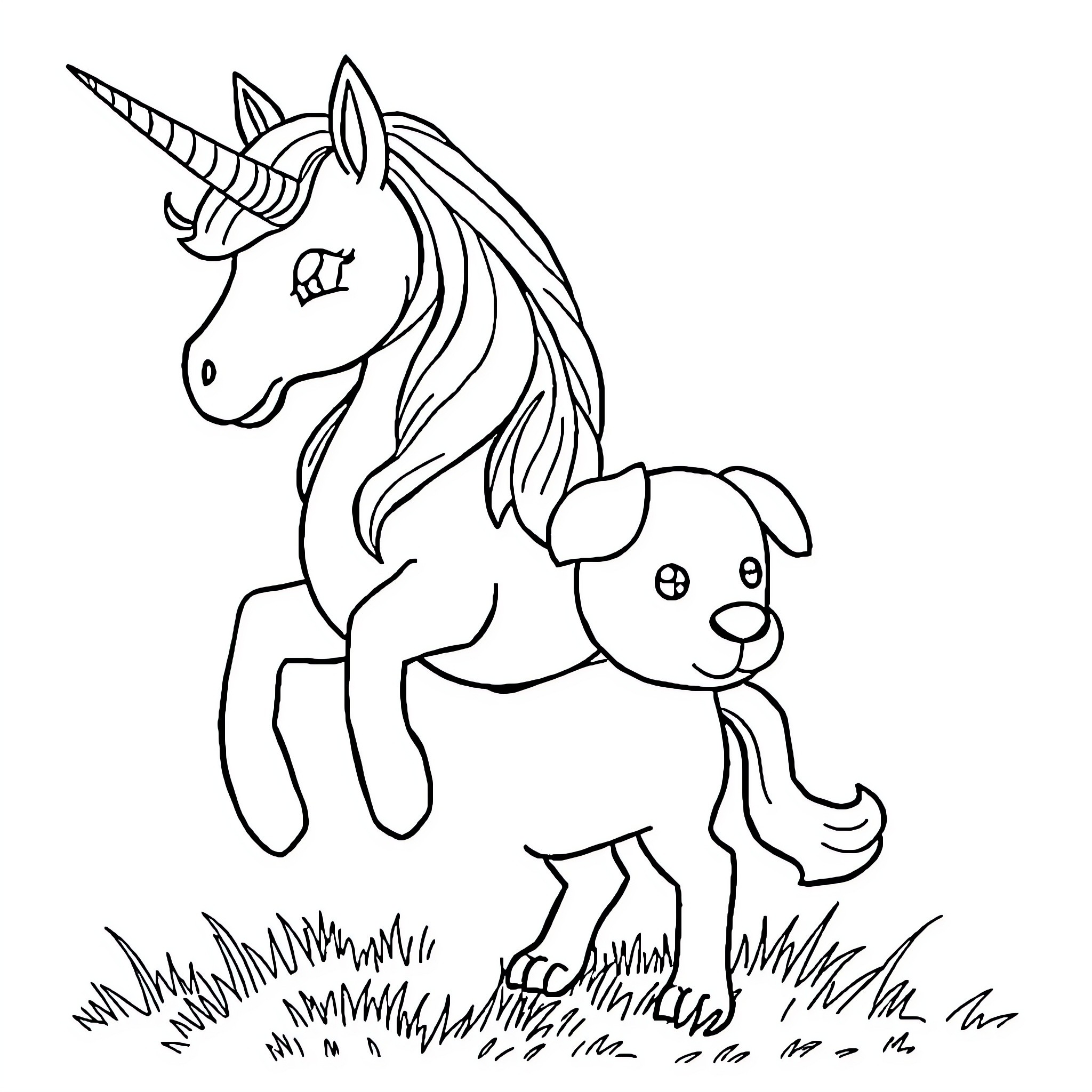 Unicorn and puppy playing in the field Coloring Page (free black-and-white line drawing printable PDF for all, from beginners to advanced learners, including children, teens, adults, and seniors)