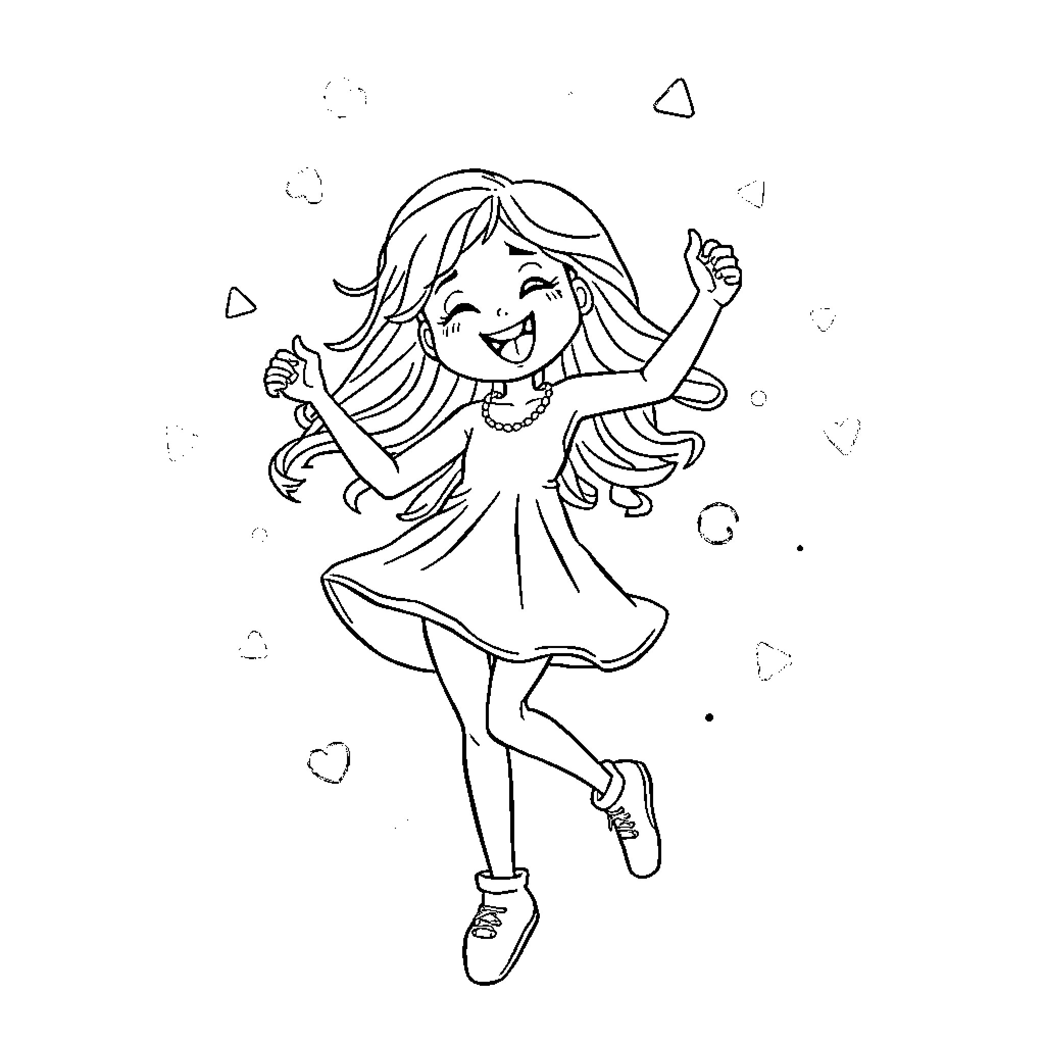 Candy Delightful Girl's Joyful Dance Coloring Page (free black-and-white line drawing printable PDF for all, from beginners to advanced learners, including children, teens, adults, and seniors)