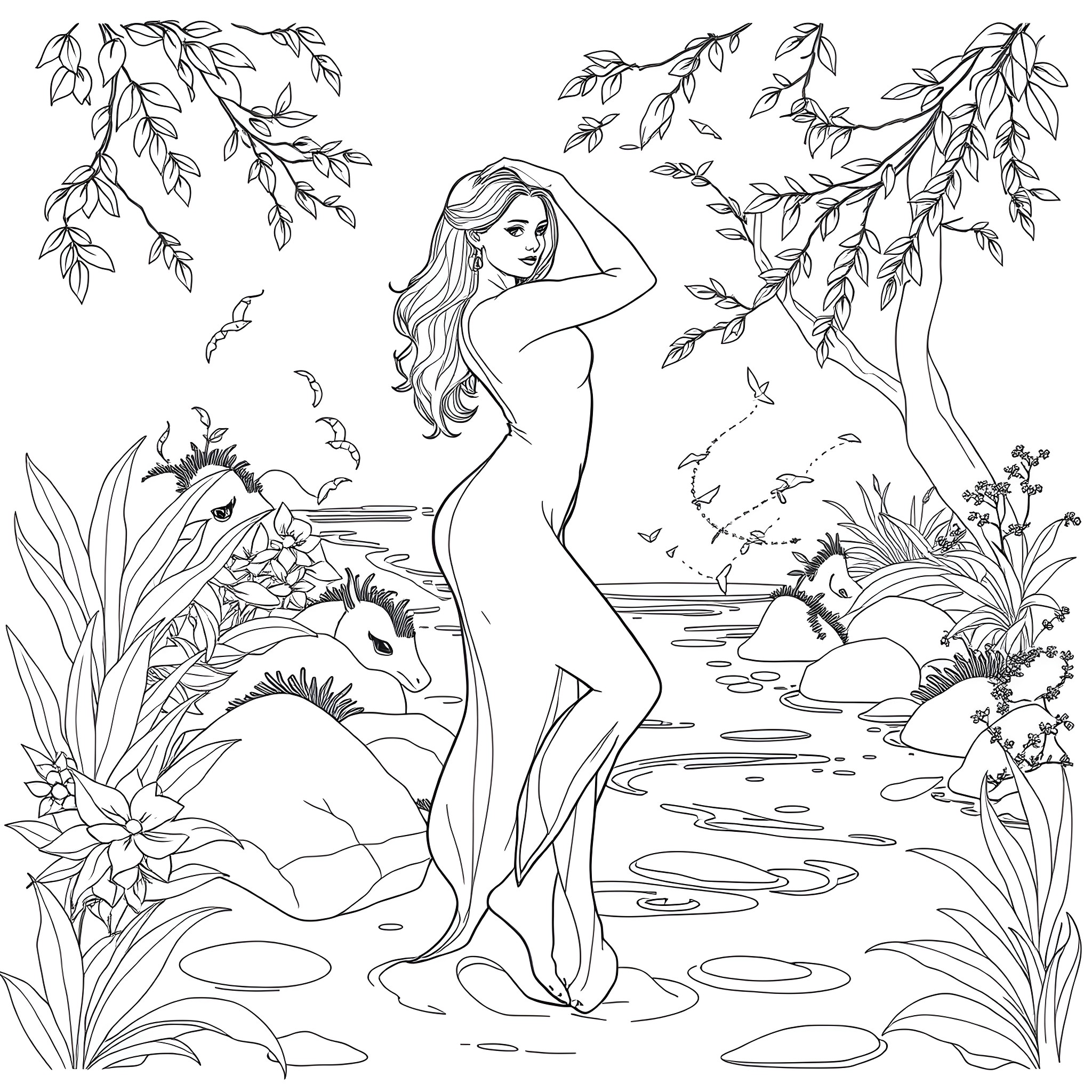 Girl in nature surrounded by tropical plants Coloring Page (free black-and-white line drawing printable PDF for all, from beginners to advanced learners, including children, teens, adults, and seniors)