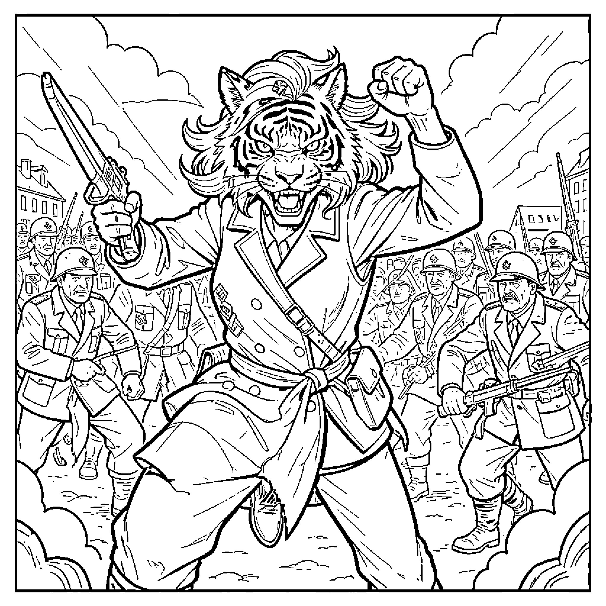 Tiger Woman leading soldiers in a heroic battle stance Coloring Page (free black-and-white line drawing printable PDF for all, from beginners to advanced learners, including children, teens, adults, and seniors)